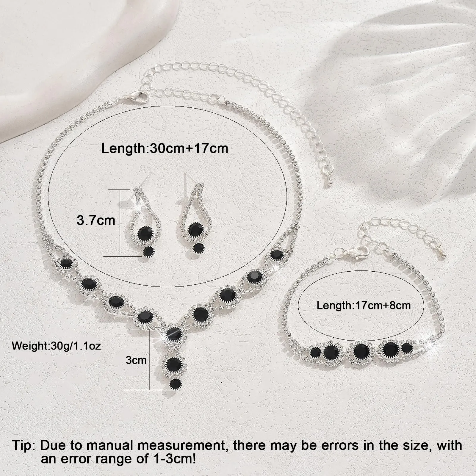 AOWVUTS Cristallo Set di Gioielli da Sposa Donne Argento Parure Gioielli con Strass Rotondo Collana Orecchini Pendenti Bracciale Set Gioielli da Zirconia Cubica (Nero) - immagine 7
