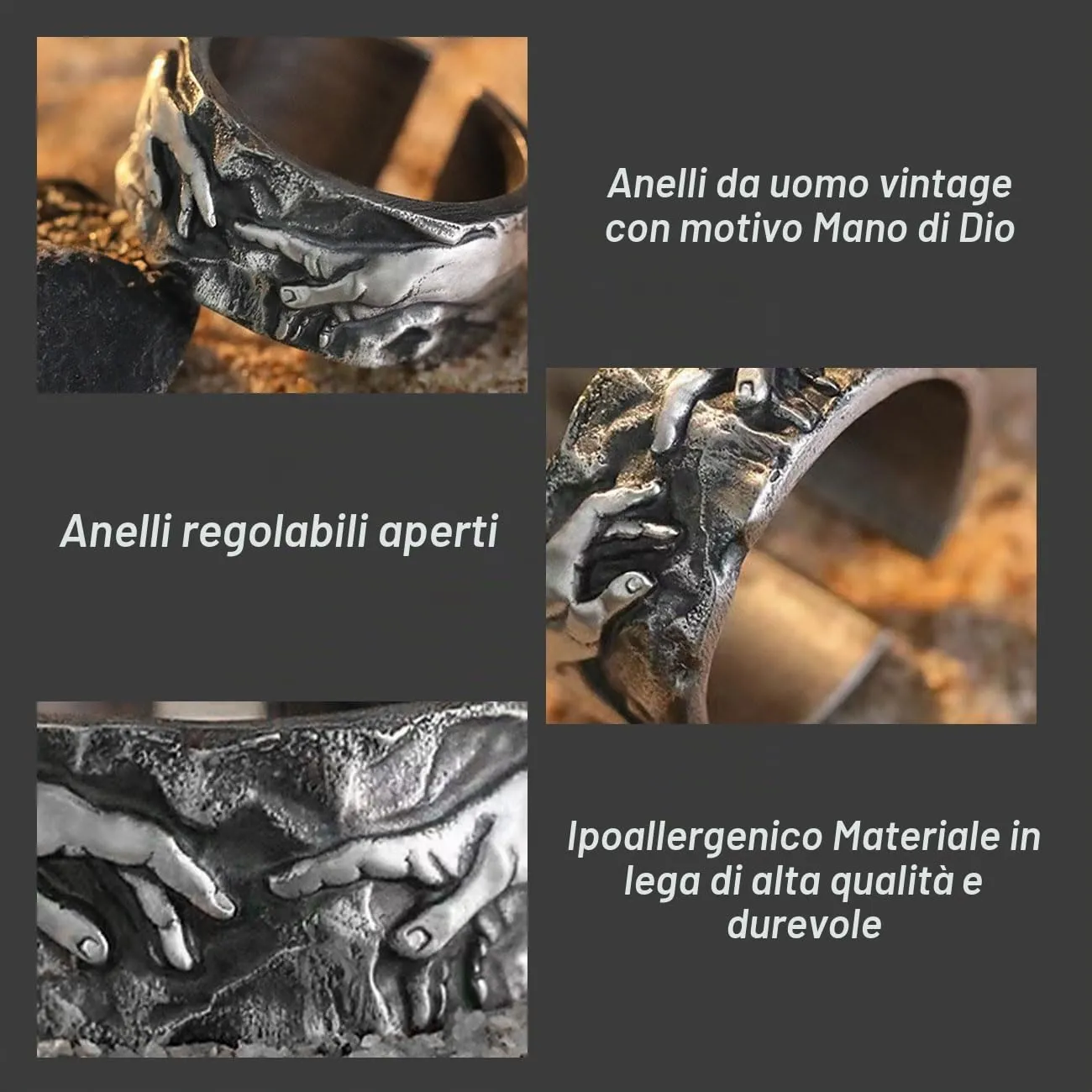 Auriselle Anello da Uomo Regolabile Mano di Dio Vintage Viking Retro Aperto Anello da Pollice Gotico Gioielli Regali per Uomini Ragazzi Padre - immagine 5