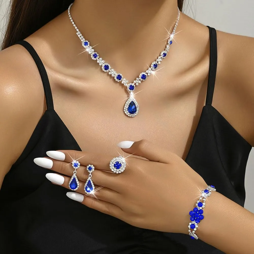 XFSRG Parure Gioielli per Donna Ragazze Eleganti Crystalline Pendente Collana Orecchini Regolabile Anelli Set Gioielli Set Regalo per le Donne Partito - immagine 5
