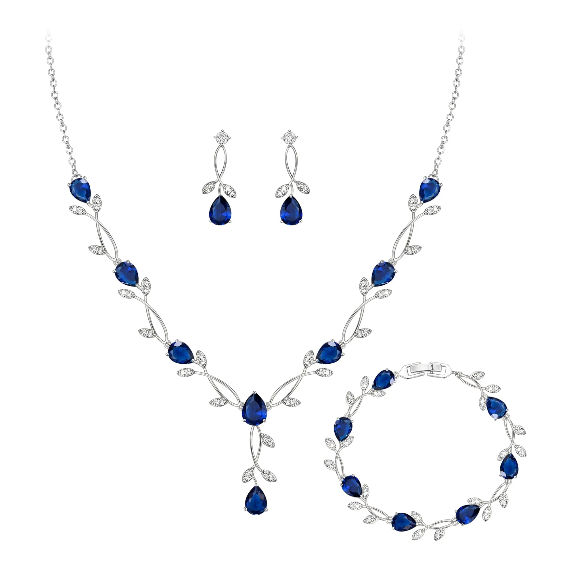 Clearine - Set di gioielli in zirconia per donne spose, collana con ciondolo a goccia e foglia, orecchini e braccialetto per ballo di fine anno, Groß - immagine 1