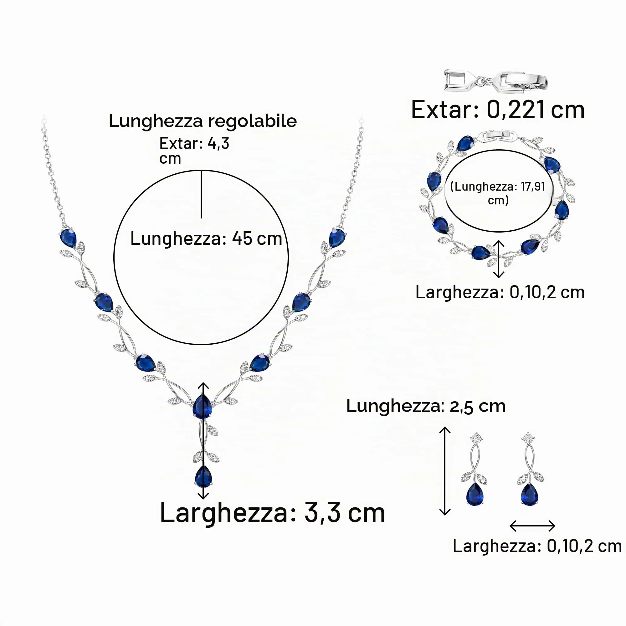 Clearine - Set di gioielli in zirconia per donne spose, collana con ciondolo a goccia e foglia, orecchini e braccialetto per ballo di fine anno, Groß - immagine 4