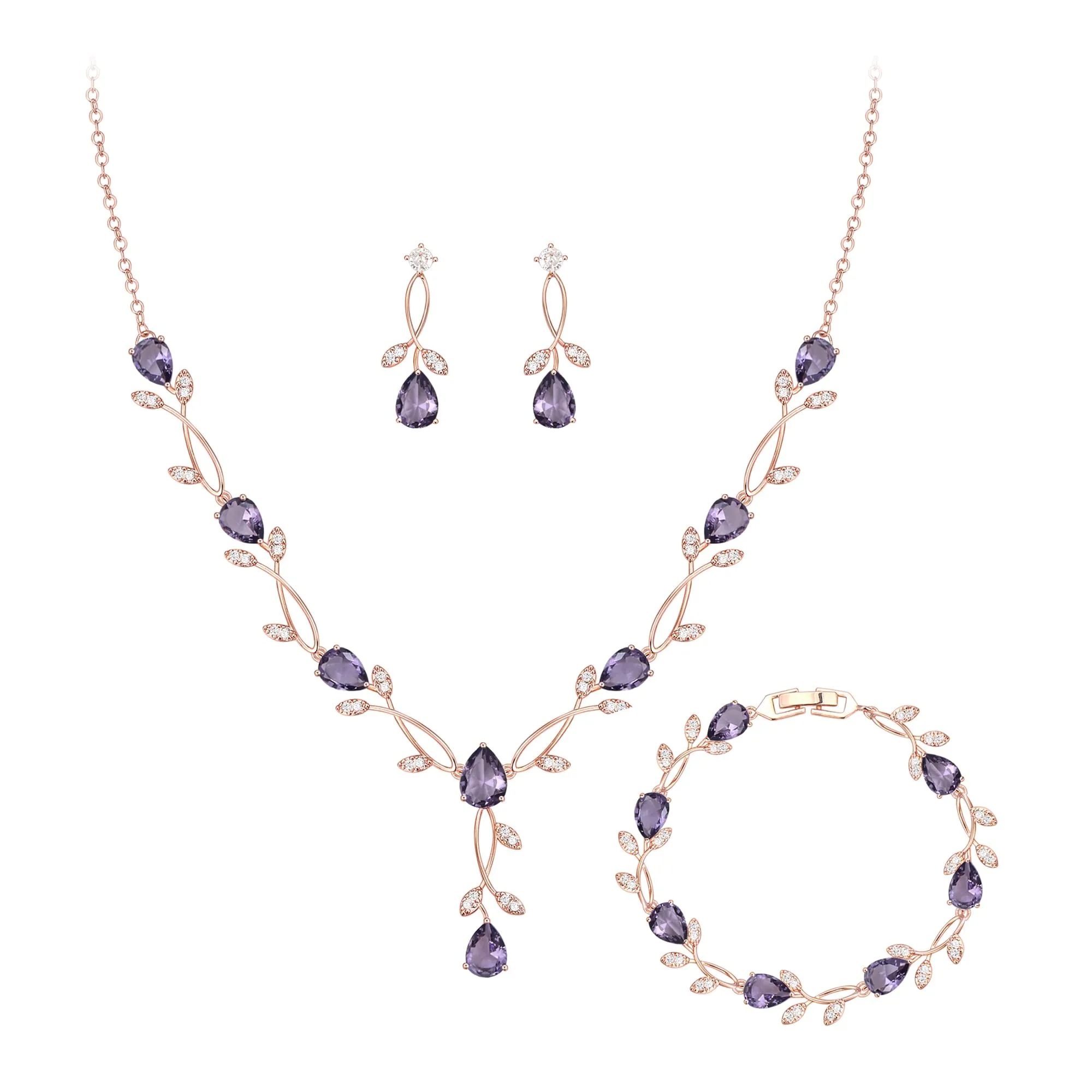 Clearine - Set di gioielli in zirconia per donne spose, collana con ciondolo a goccia e foglia, orecchini e braccialetto per ballo di fine anno, Groß - immagine 1