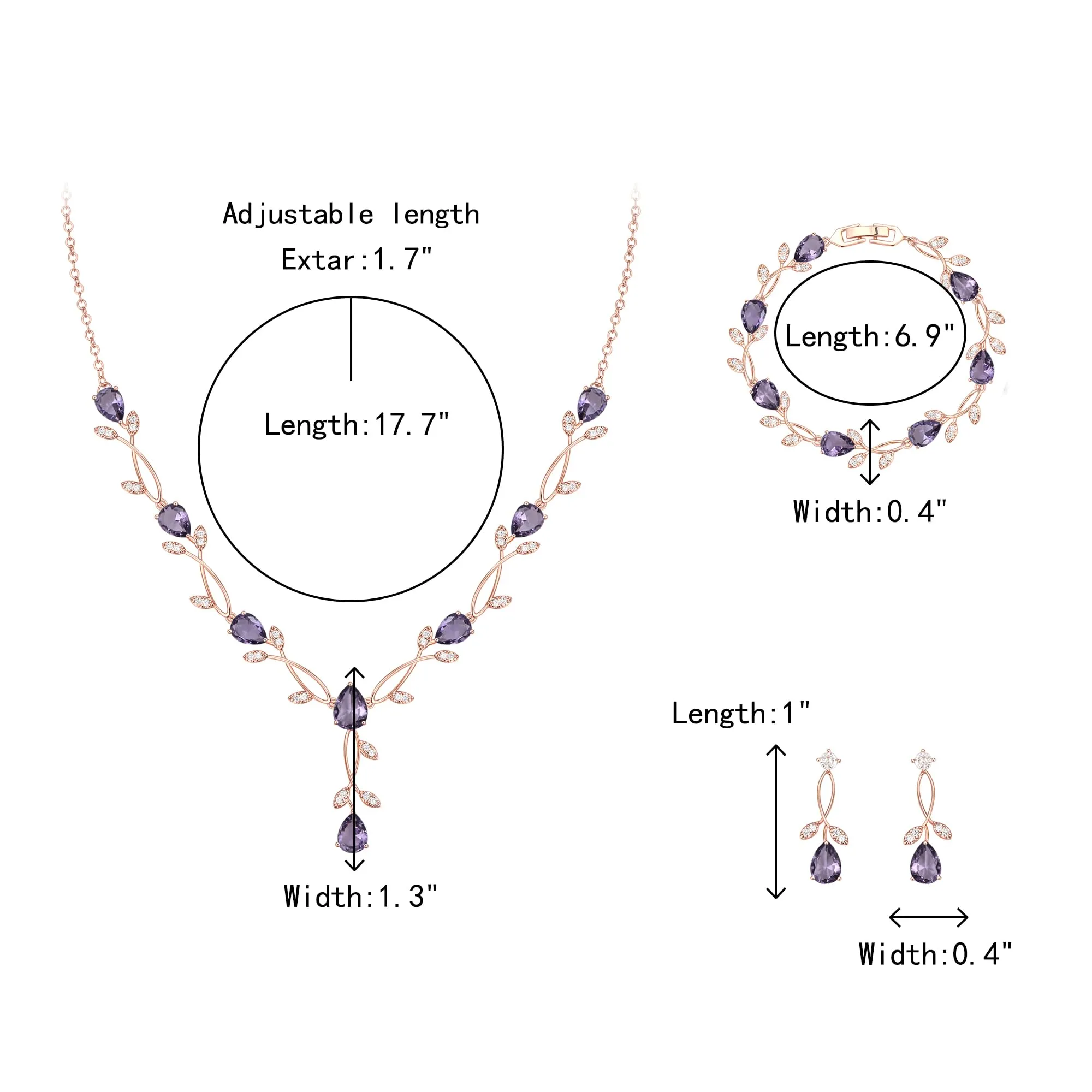 Clearine - Set di gioielli in zirconia per donne spose, collana con ciondolo a goccia e foglia, orecchini e braccialetto per ballo di fine anno, Groß - immagine 4