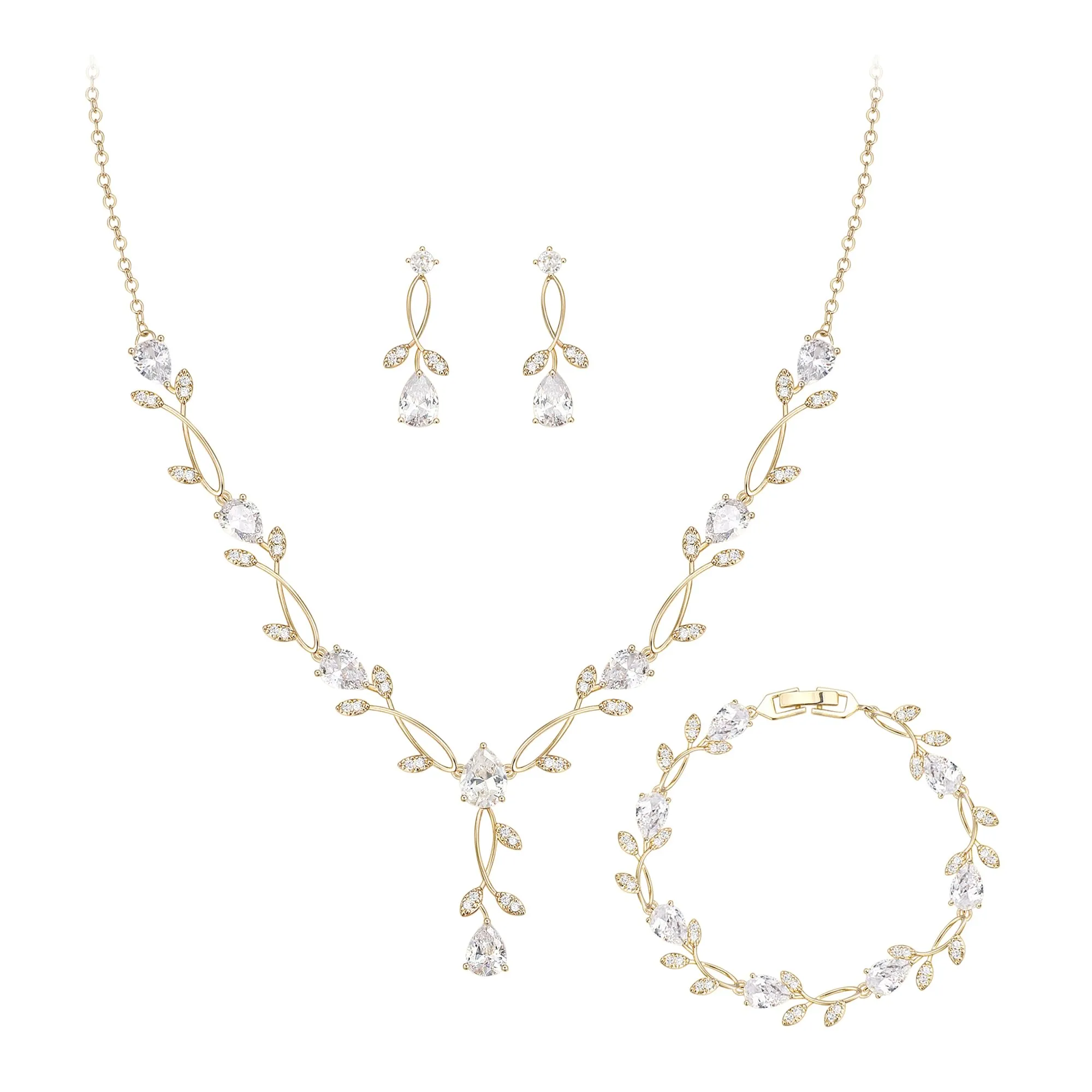 Clearine - Set di gioielli in zirconia per donne spose, con brillanti orecchini a goccia, collana con ciondolo a foglia e braccialetto per ballo di fine anno - immagine 1