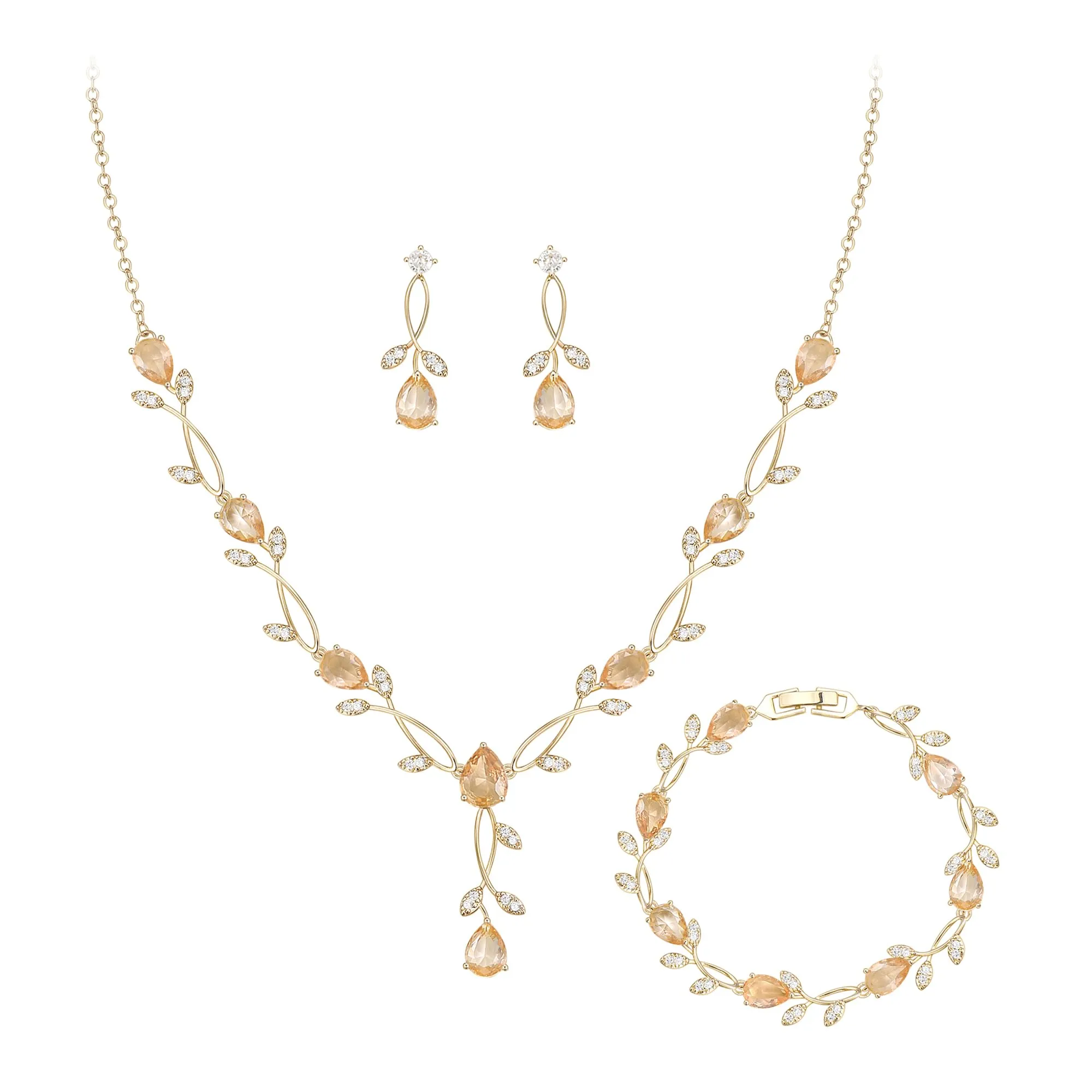 Clearine - Set di gioielli in zirconia per donne spose, collana con ciondolo a goccia e foglia, orecchini e braccialetto per ballo di fine anno - immagine 1