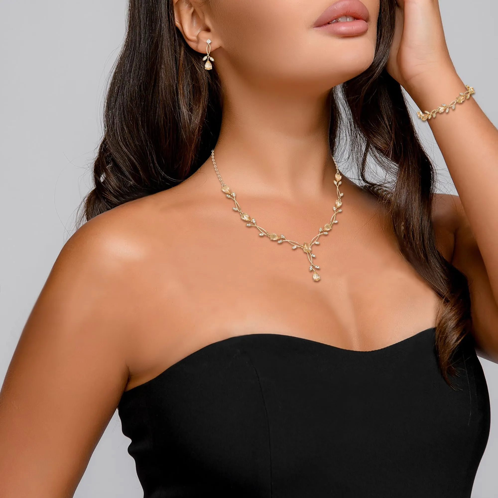 Clearine - Set di gioielli in zirconia per donne spose, collana con ciondolo a goccia e foglia, orecchini e braccialetto per ballo di fine anno - immagine 3