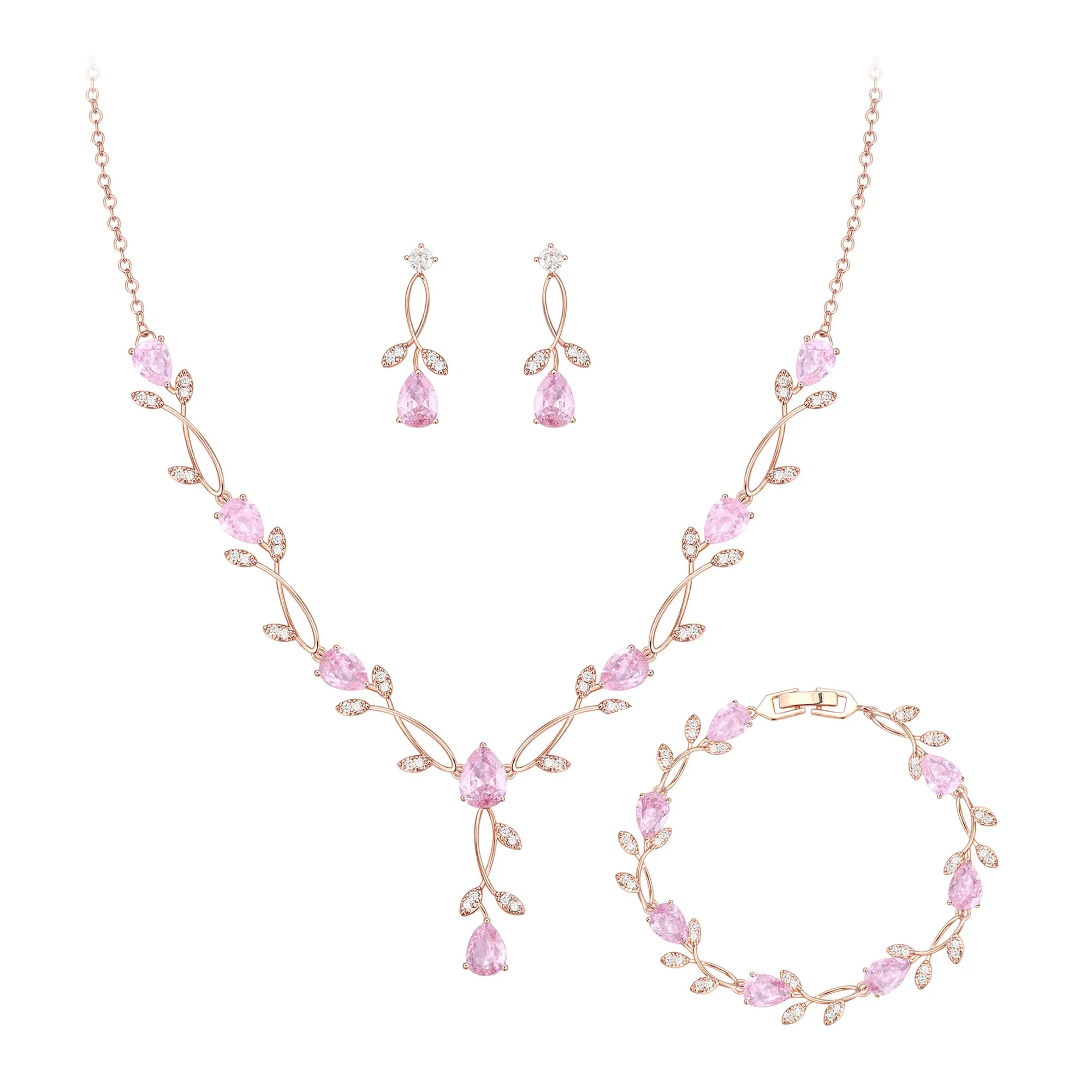 Clearine - Set di gioielli in zirconia per donne spose, collana con ciondolo a goccia e foglia, orecchini e braccialetto per ballo di fine anno - immagine 1