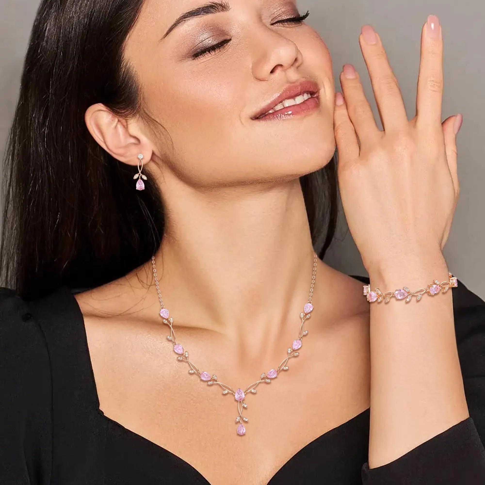 Clearine - Set di gioielli in zirconia per donne spose, collana con ciondolo a goccia e foglia, orecchini e braccialetto per ballo di fine anno - immagine 2