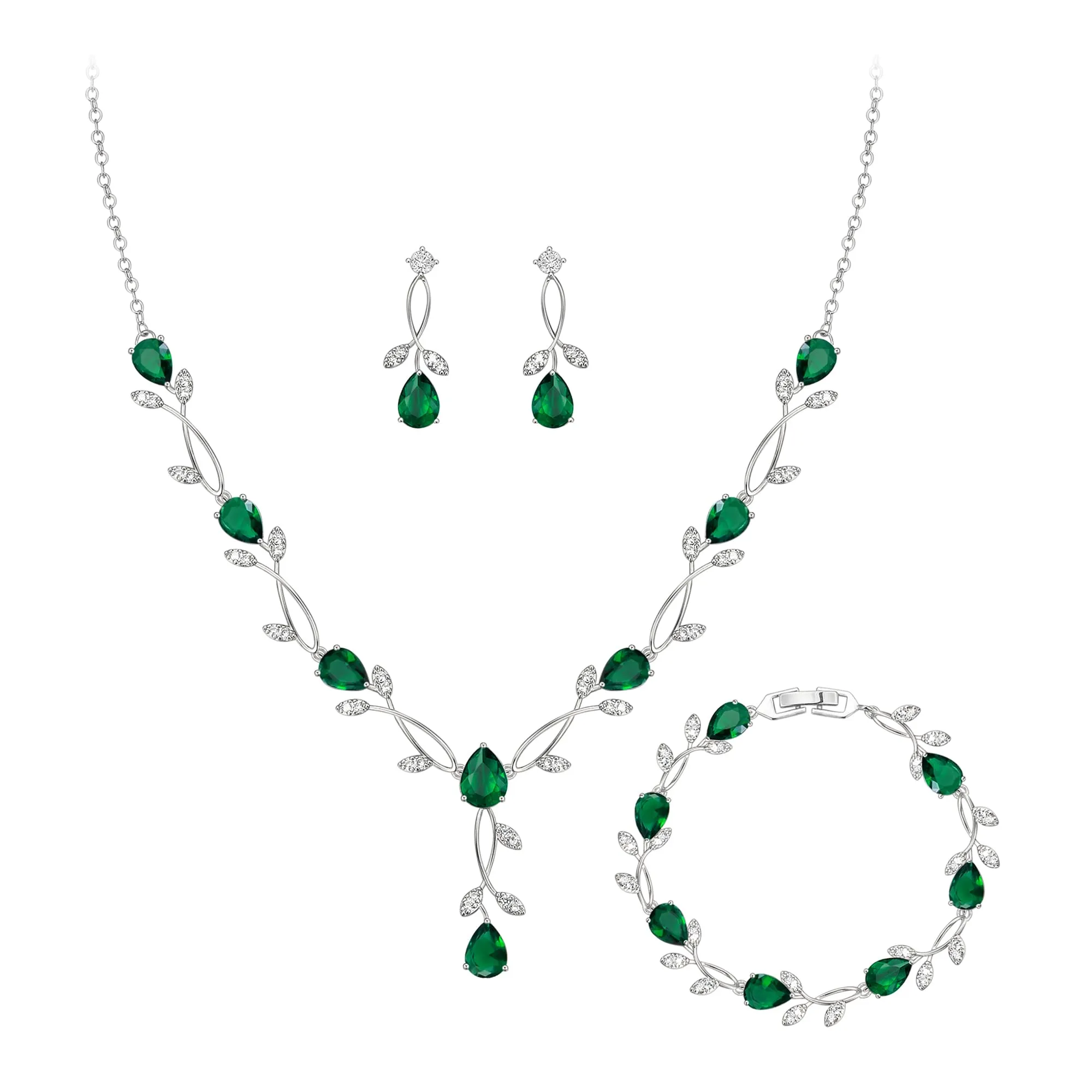 Clearine - Set di gioielli in zirconia per donne spose, collana con ciondolo a goccia e foglia, orecchini e braccialetto per ballo di fine anno - immagine 1