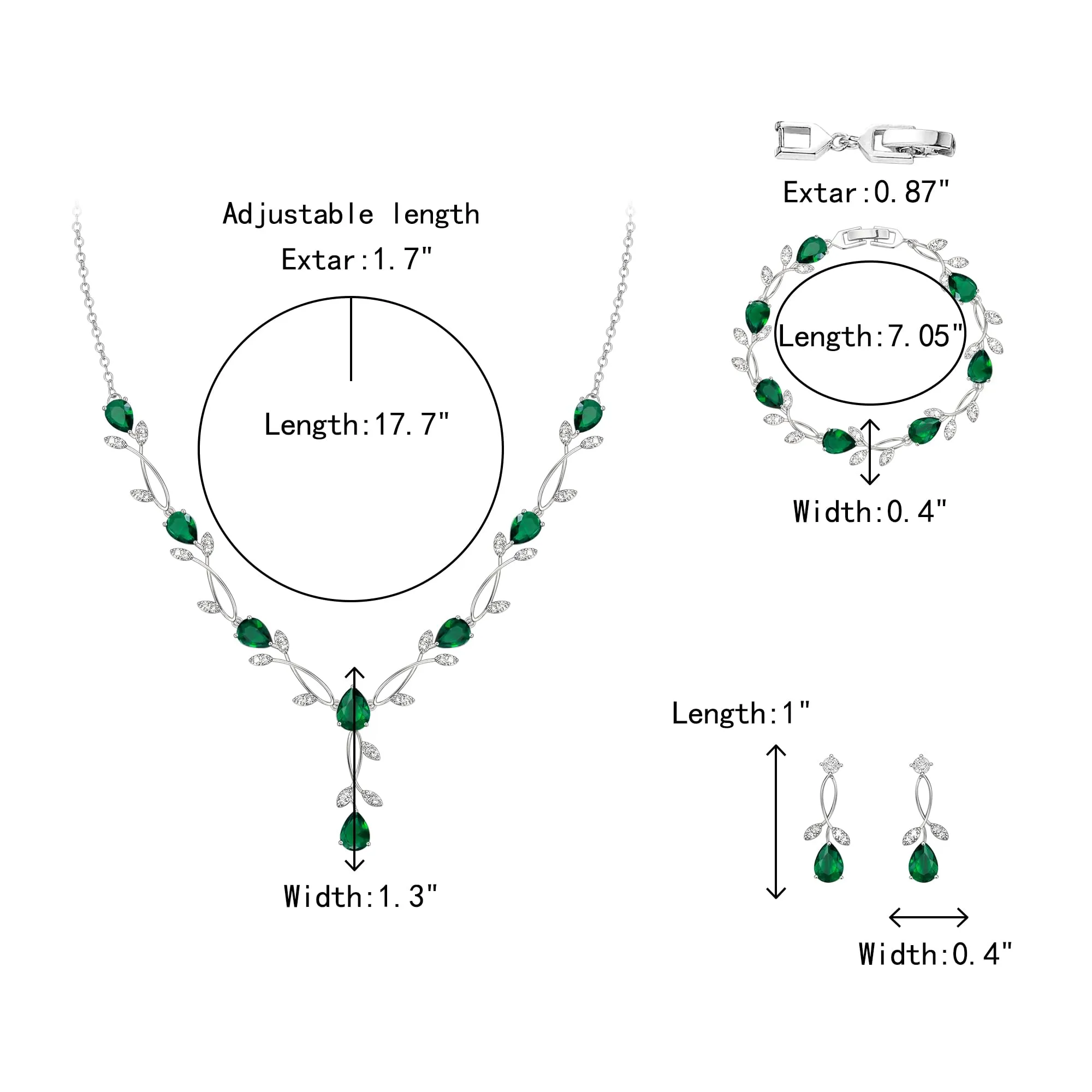 Clearine - Set di gioielli in zirconia per donne spose, collana con ciondolo a goccia e foglia, orecchini e braccialetto per ballo di fine anno - immagine 4