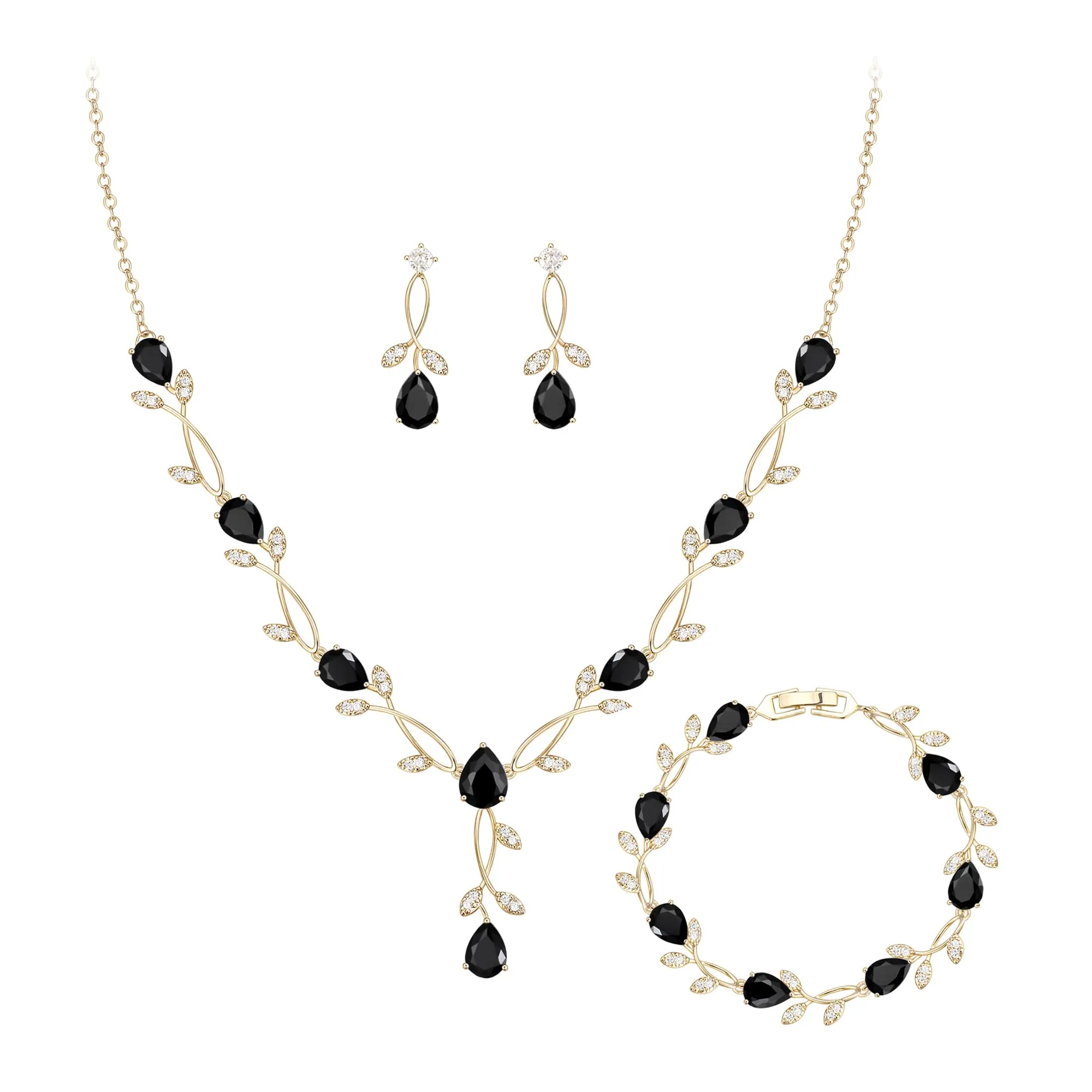Clearine - Set di gioielli in zirconia per donne spose, collana con ciondolo a goccia e foglia, orecchini e bracciale con pietra di nascita a marquise per ballo di fine anno - immagine 1
