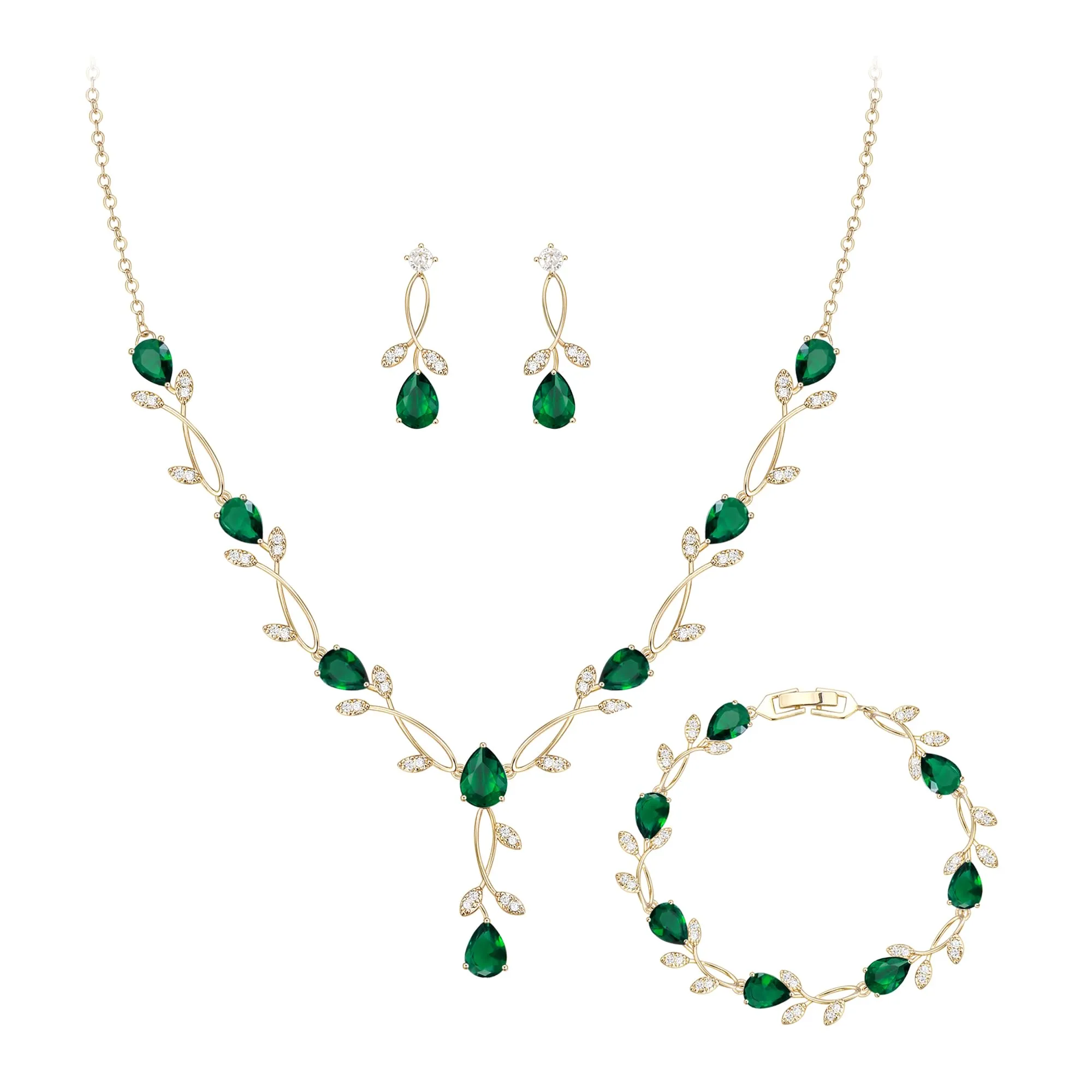 Clearine - Set di gioielli in zirconia per donne spose, collana con ciondolo a goccia e foglia, orecchini e bracciale con zirconia scintillante, set per ballo di fine anno e feste, 7.3 inches x 1.3 - immagine 1