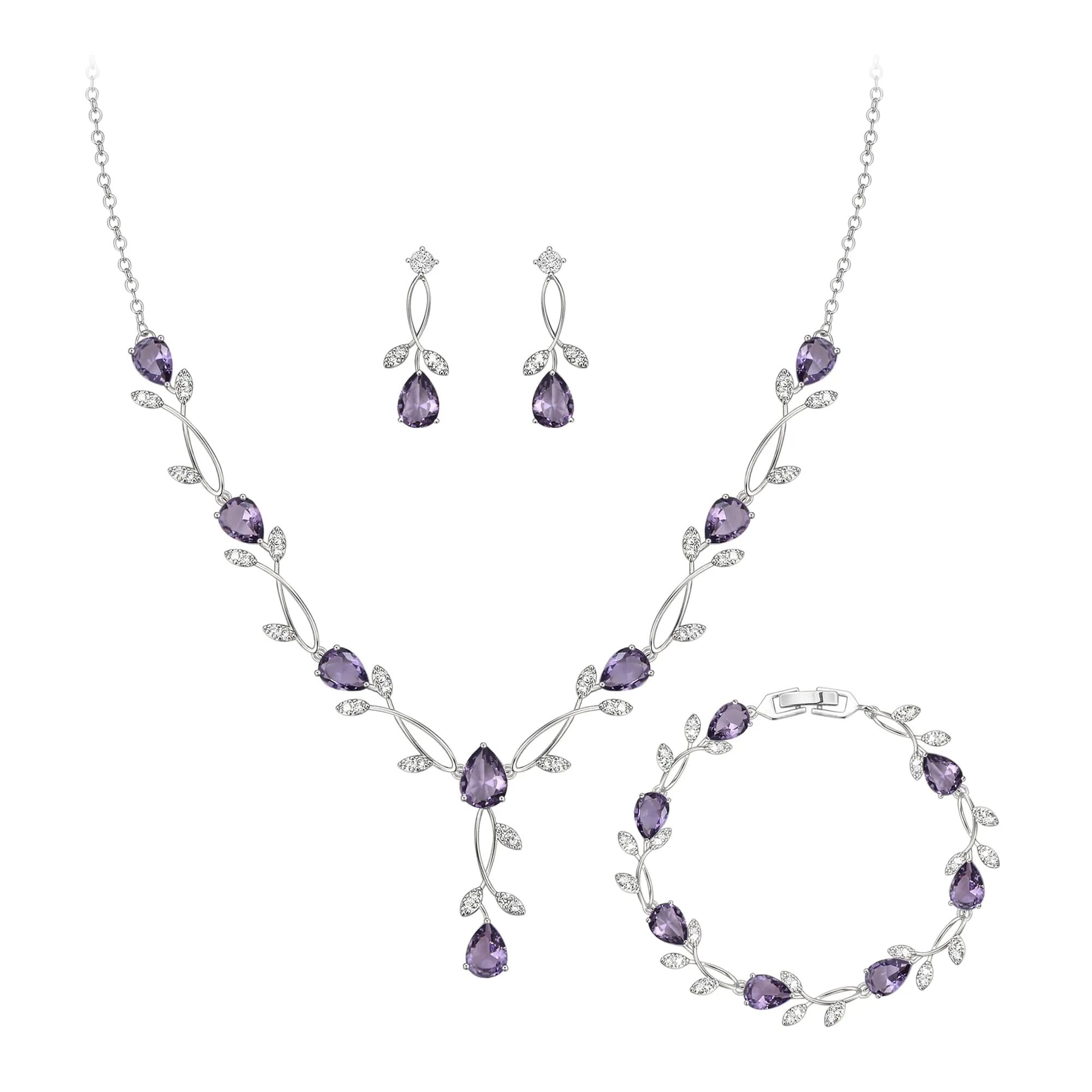 Clearine - Set di gioielli in zirconia per donne spose, collana con ciondolo a goccia e foglia, orecchini e braccialetto per ballo di fine anno - immagine 1