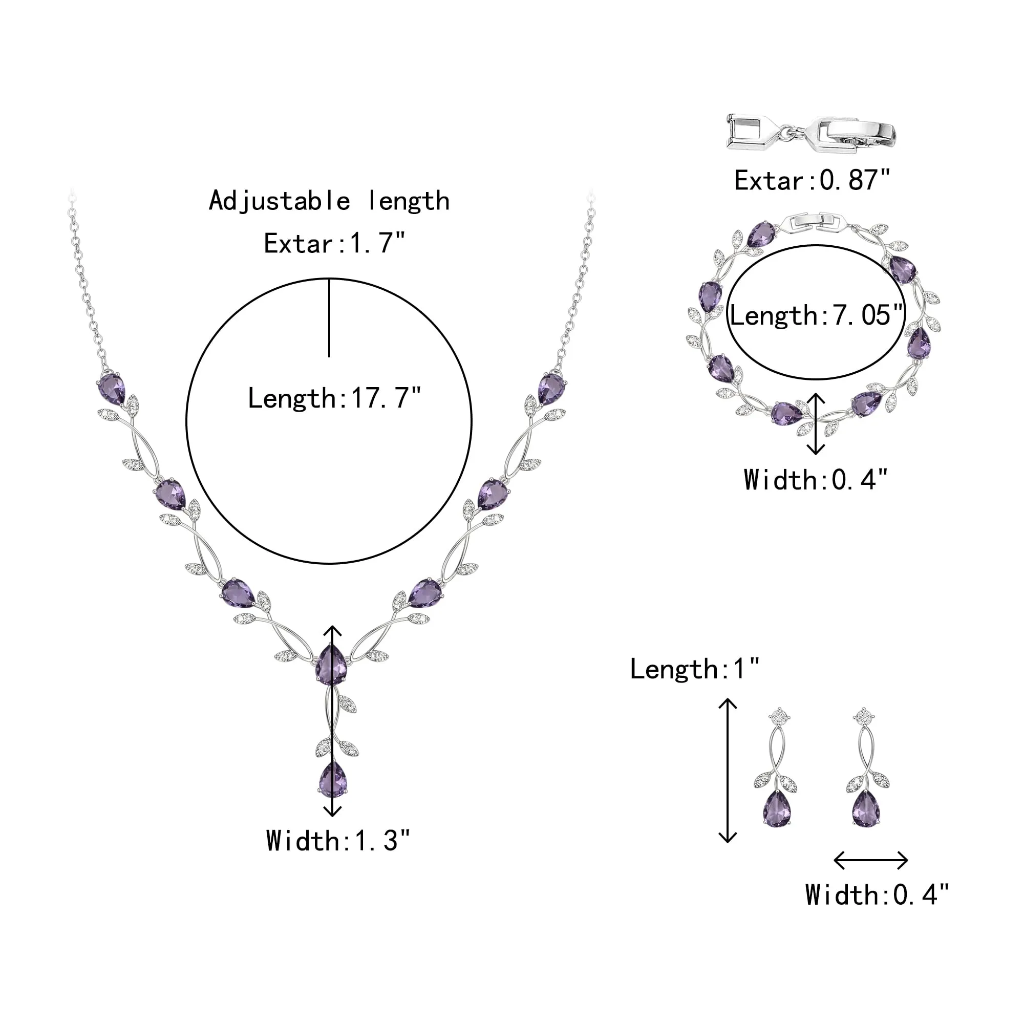 Clearine - Set di gioielli in zirconia per donne spose, collana con ciondolo a goccia e foglia, orecchini e braccialetto per ballo di fine anno - immagine 4
