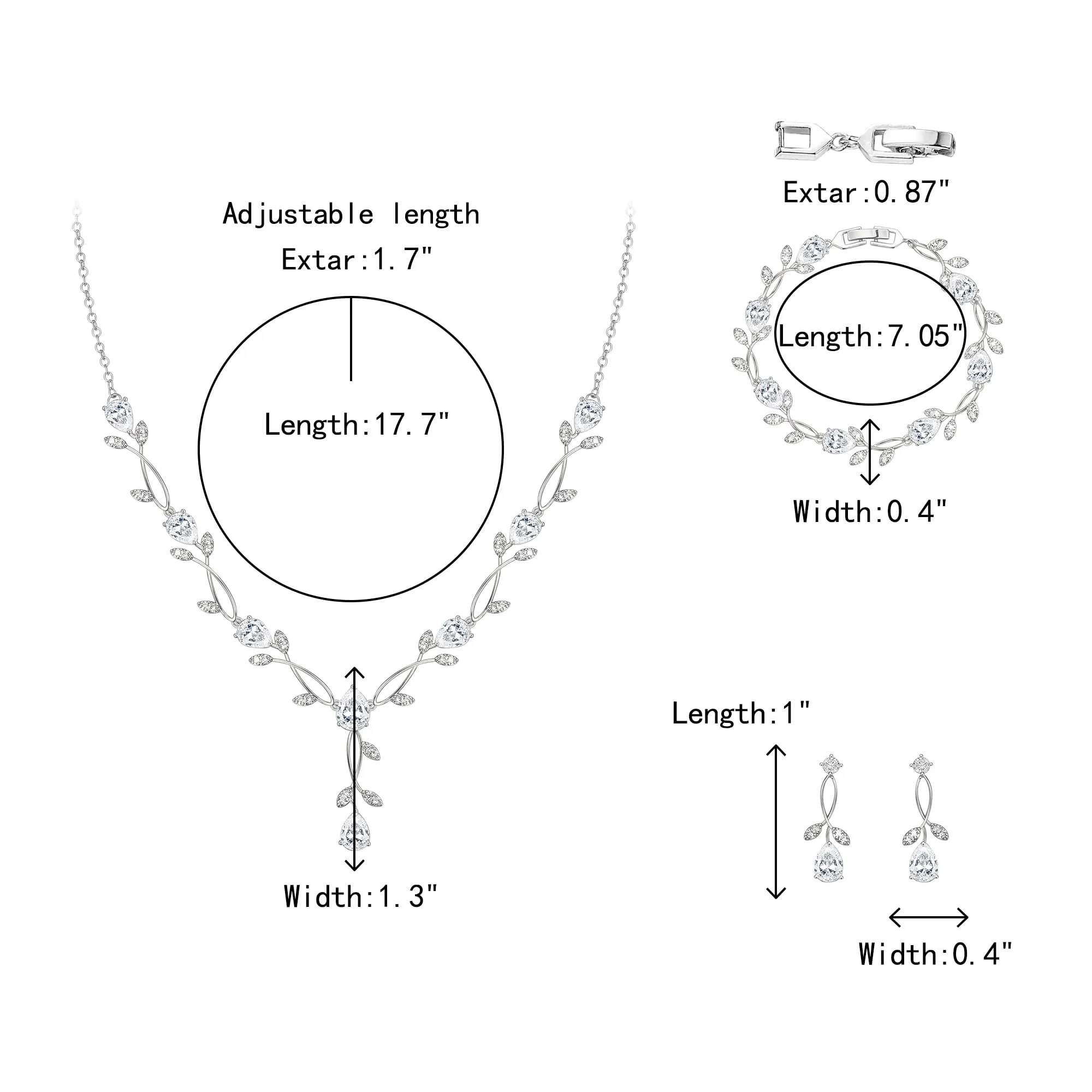 Clearine - Set di gioielli in zirconia per donne spose, con brillanti orecchini a goccia, collana con ciondolo a foglia e braccialetto per ballo di fine anno - immagine 5