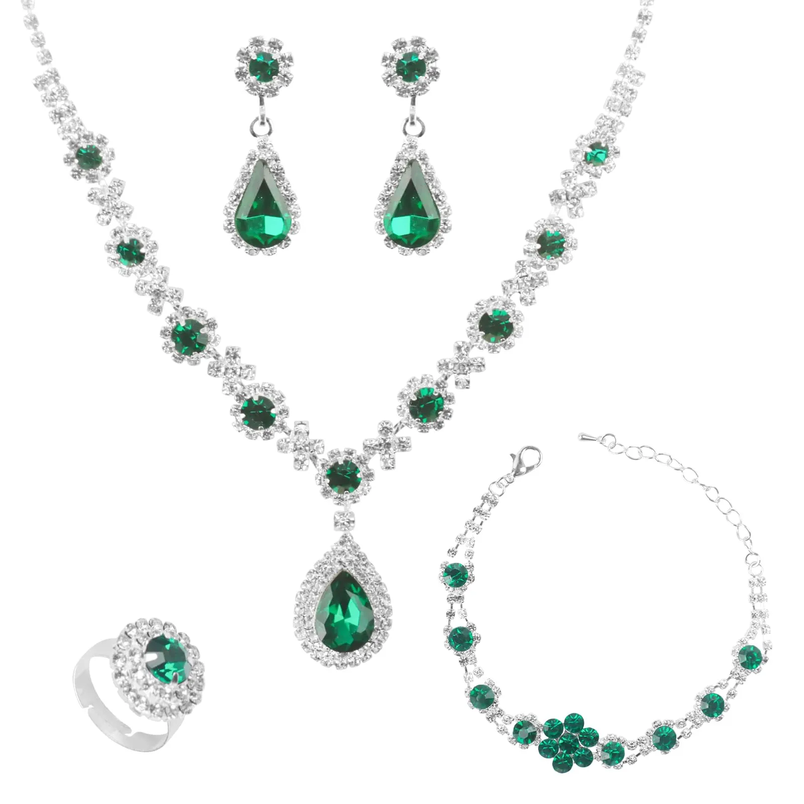LjFrexia Parure di Gioielli per Donna, Set 4 Pezzi con Goccia d'Acqua Zircone Collana, Braccialetto, Orecchini e Anello, Set di Gioielli da Sposa, per Feste e Matrimonio, Verde - immagine 1