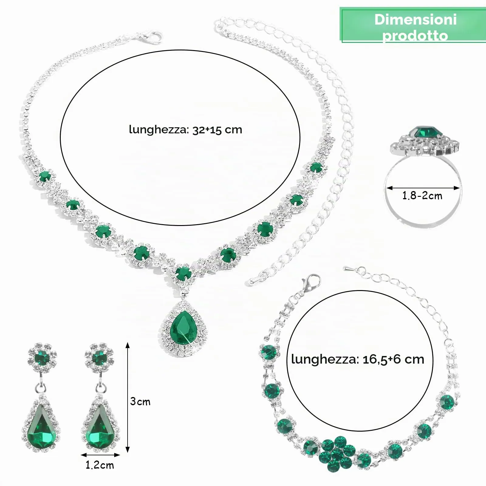 LjFrexia Parure di Gioielli per Donna, Set 4 Pezzi con Goccia d'Acqua Zircone Collana, Braccialetto, Orecchini e Anello, Set di Gioielli da Sposa, per Feste e Matrimonio, Verde - immagine 2