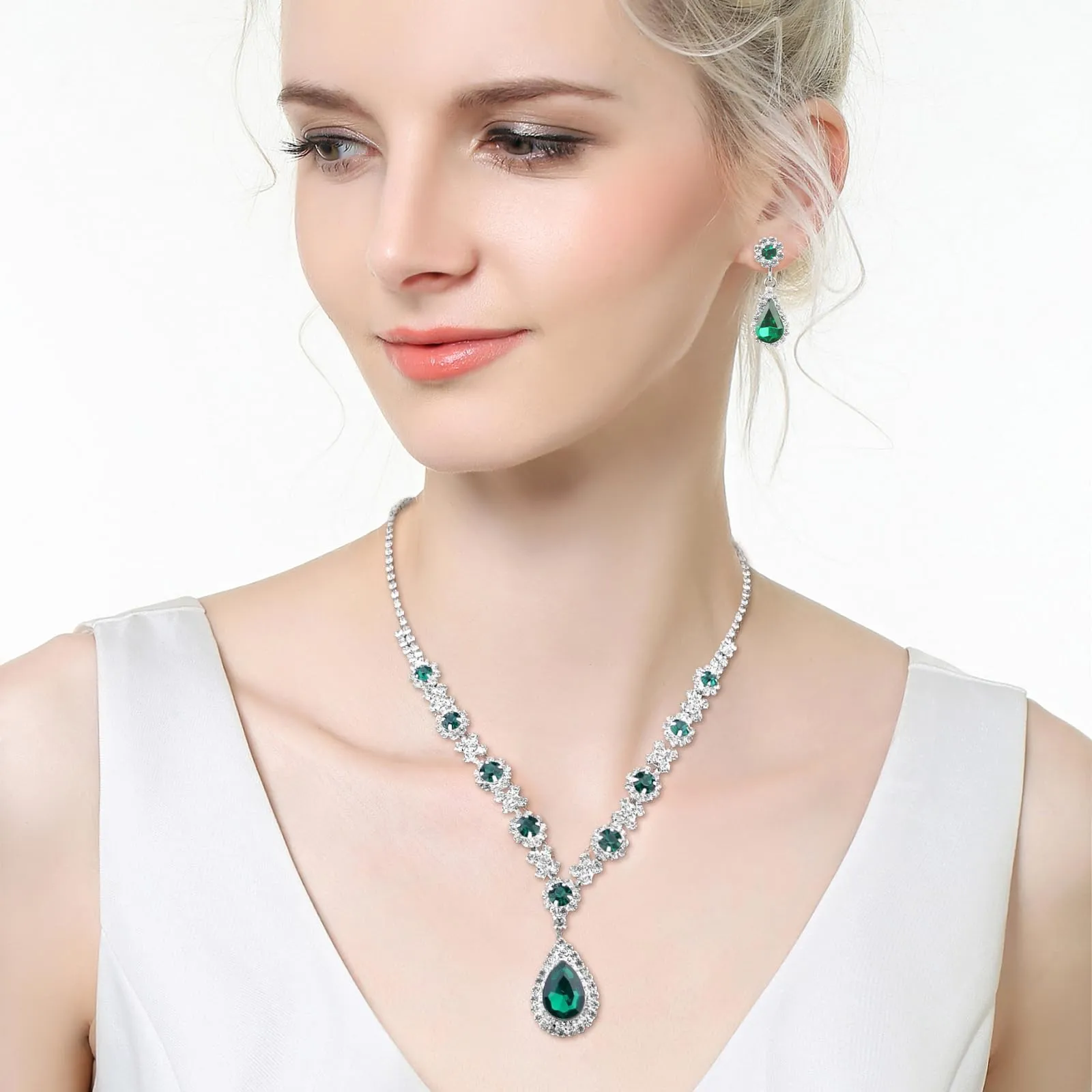 LjFrexia Parure di Gioielli per Donna, Set 4 Pezzi con Goccia d'Acqua Zircone Collana, Braccialetto, Orecchini e Anello, Set di Gioielli da Sposa, per Feste e Matrimonio, Verde - immagine 5