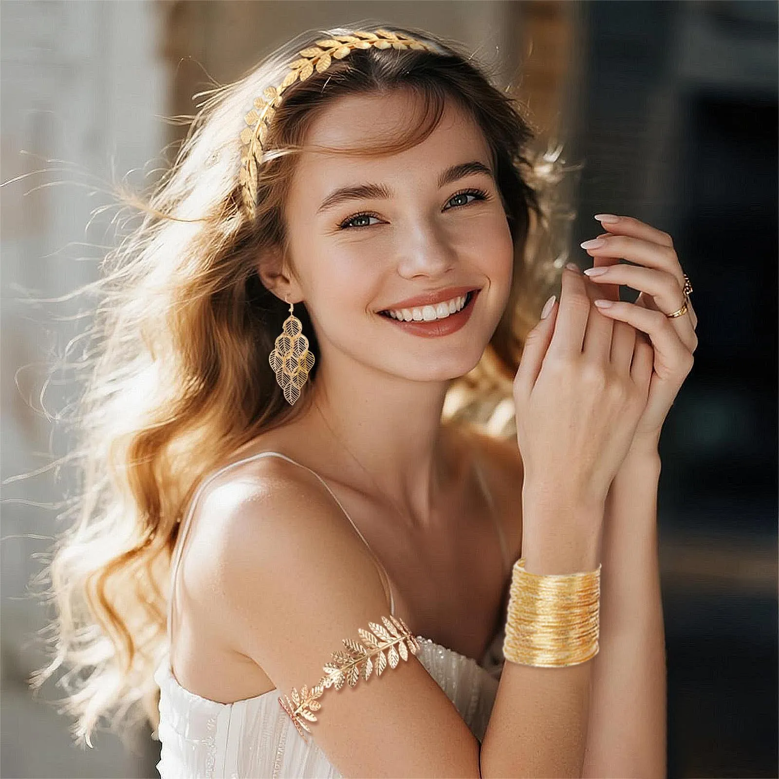 Set di Accessori per Costume da Dea Greca, Corona di Foglie Romane, Bracciali da Braccio, Orecchini Pendenti, Dea Greca Gioielli Costume Accessori per Feste, Matrimonio, Halloween, Carnevale (Oro-C) - immagine 7