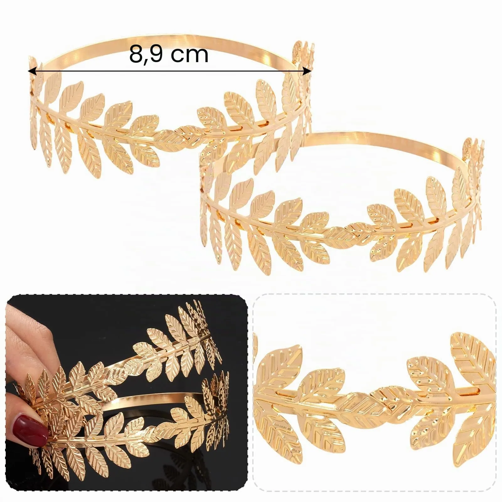 Set di Accessori per Costume da Dea Greca, Corona di Foglie Romane, Bracciali da Braccio, Orecchini Pendenti, Dea Greca Gioielli Costume Accessori per Feste, Matrimonio, Halloween, Carnevale (Oro-A) - immagine 4