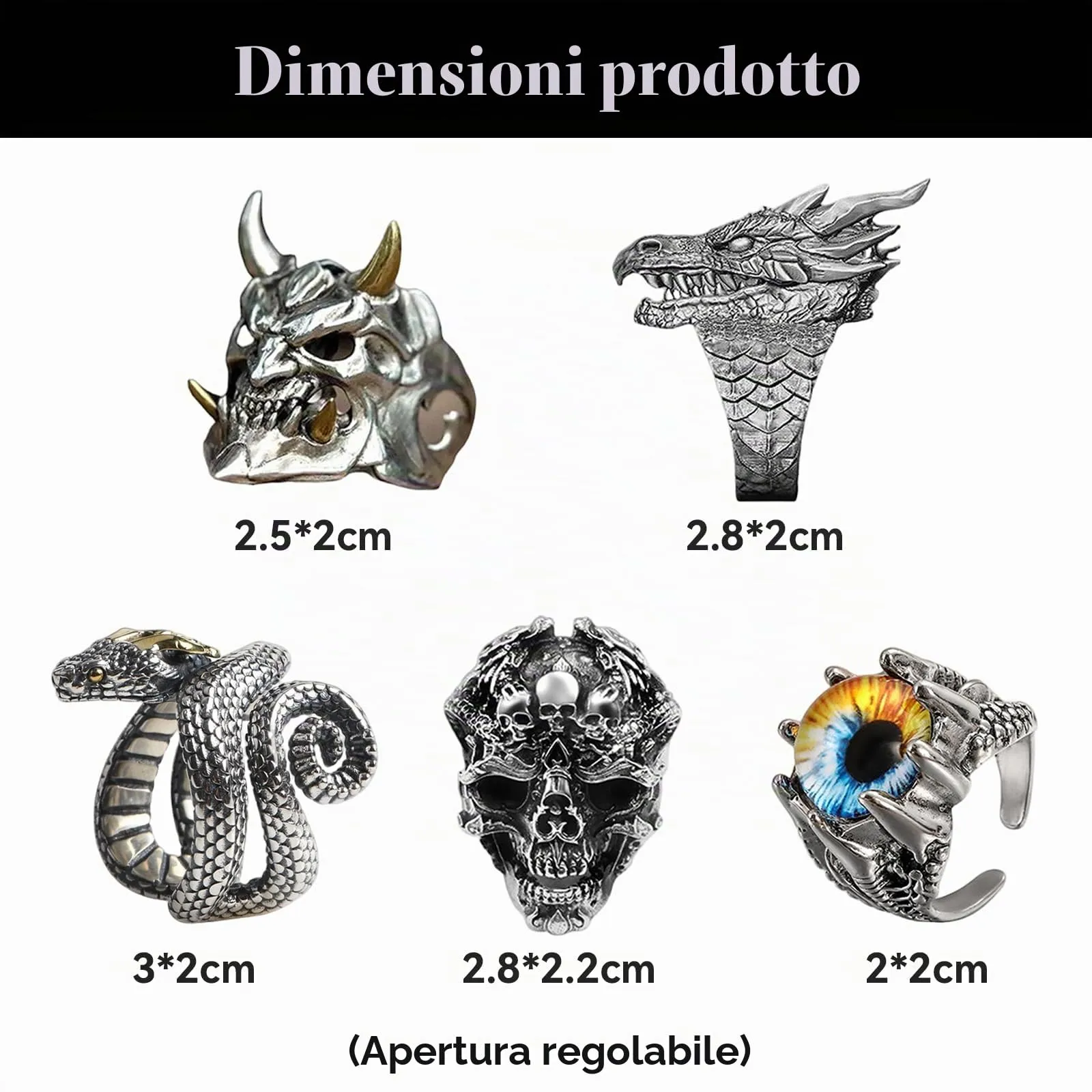 QingWing 5 Pezzi Acciaio Inossidabile stile Gotico Regolabile Anello, Teschio da Uomo Ring, Forme di Animali, Halloween Biker Anello Gioielli Vintage in Acciaio Inossidabile per Festa Halloween - immagine 2
