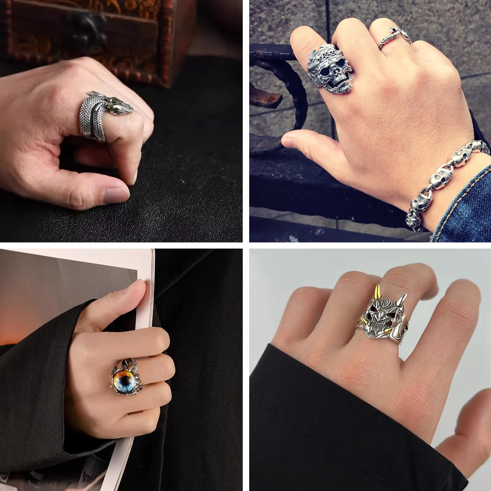 QingWing 5 Pezzi Acciaio Inossidabile stile Gotico Regolabile Anello, Teschio da Uomo Ring, Forme di Animali, Halloween Biker Anello Gioielli Vintage in Acciaio Inossidabile per Festa Halloween - immagine 3