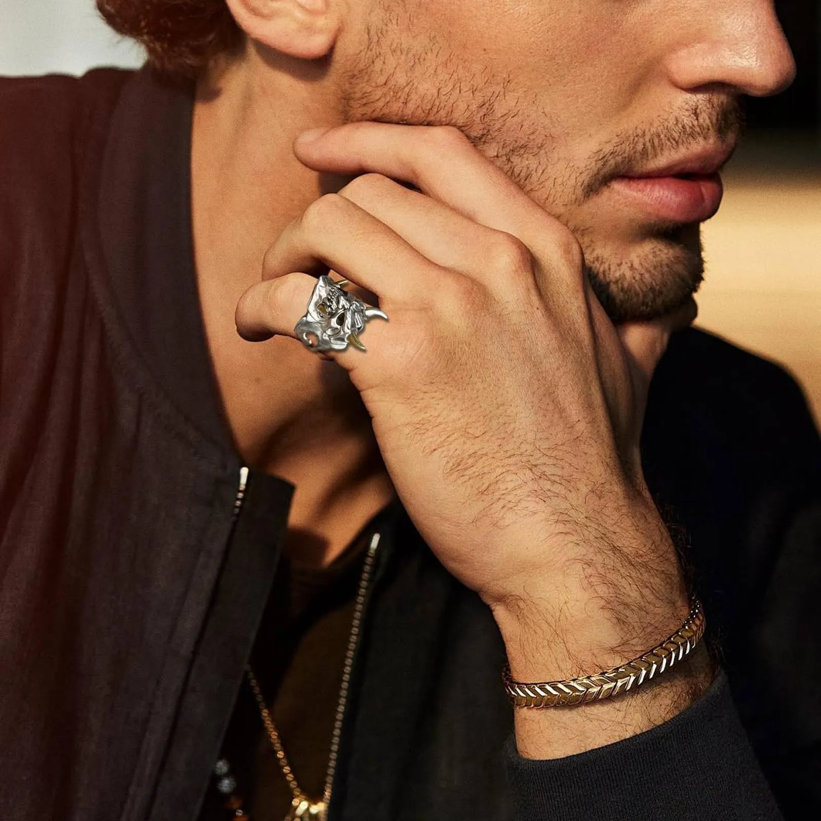 QingWing 5 Pezzi Acciaio Inossidabile stile Gotico Regolabile Anello, Teschio da Uomo Ring, Forme di Animali, Halloween Biker Anello Gioielli Vintage in Acciaio Inossidabile per Festa Halloween - immagine 4