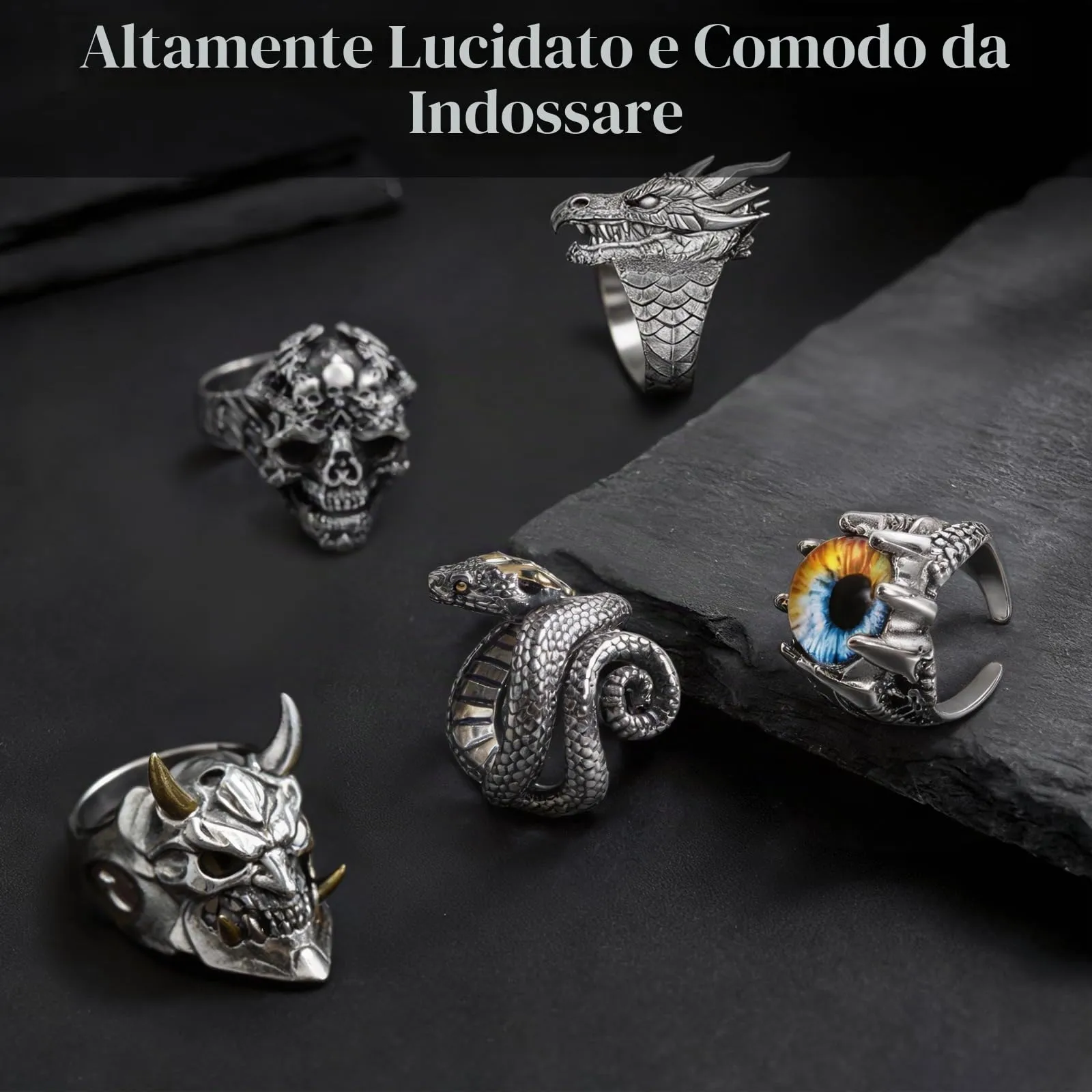 QingWing 5 Pezzi Acciaio Inossidabile stile Gotico Regolabile Anello, Teschio da Uomo Ring, Forme di Animali, Halloween Biker Anello Gioielli Vintage in Acciaio Inossidabile per Festa Halloween - immagine 5