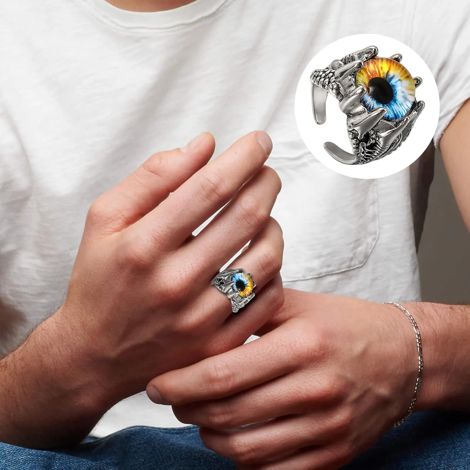 QingWing 5 Pezzi Acciaio Inossidabile stile Gotico Regolabile Anello, Teschio da Uomo Ring, Forme di Animali, Halloween Biker Anello Gioielli Vintage in Acciaio Inossidabile per Festa Halloween - immagine 6