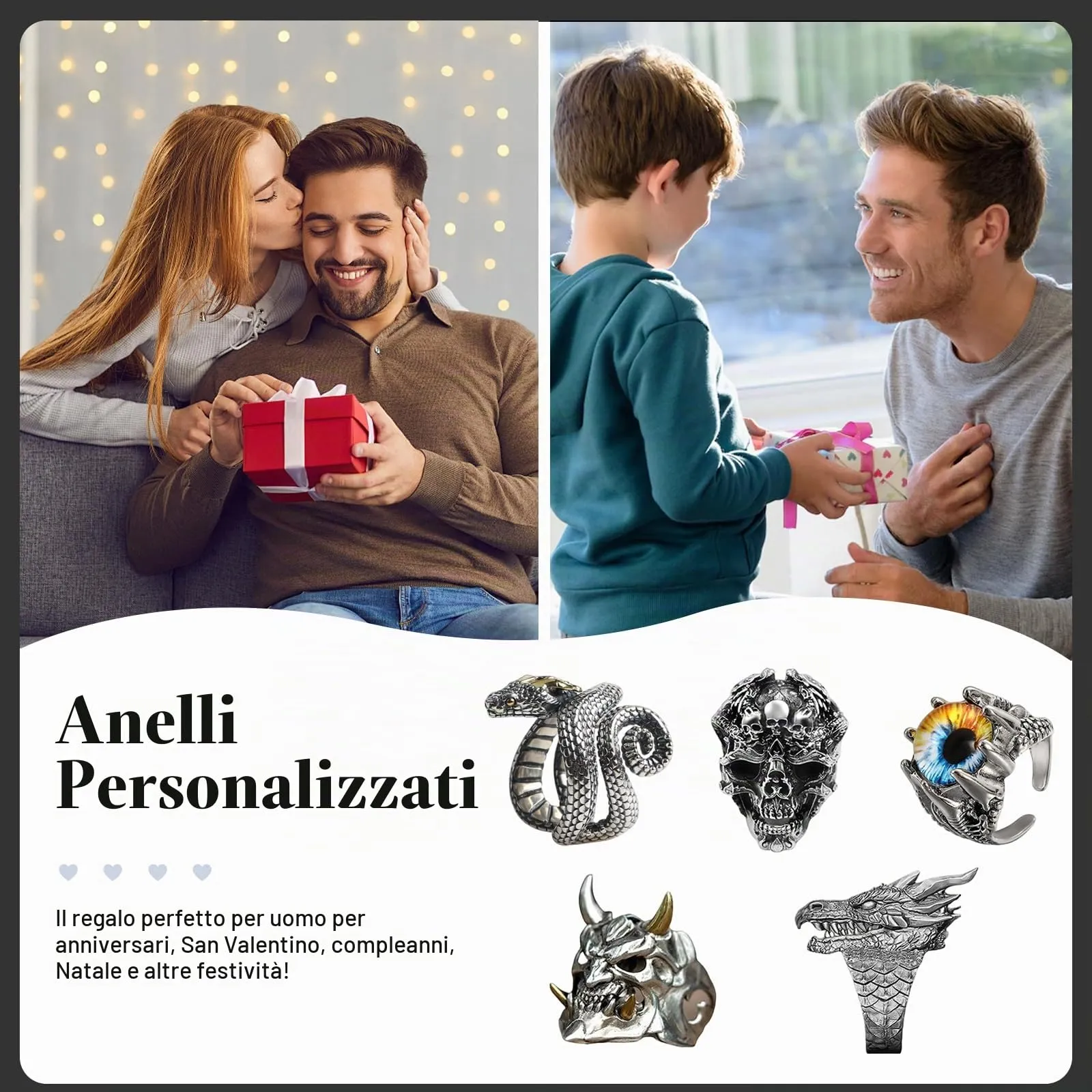 QingWing 5 Pezzi Acciaio Inossidabile stile Gotico Regolabile Anello, Teschio da Uomo Ring, Forme di Animali, Halloween Biker Anello Gioielli Vintage in Acciaio Inossidabile per Festa Halloween - immagine 7