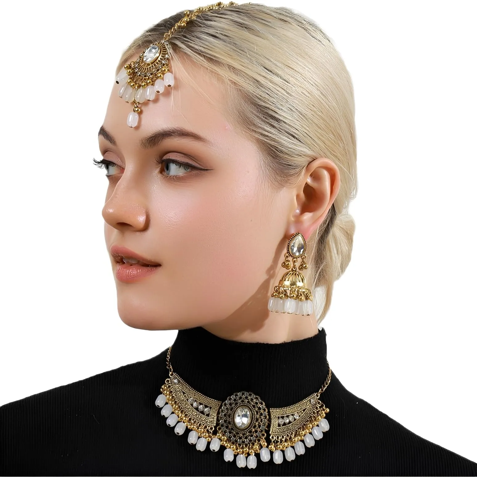 IMINI Set di gioielli tradizionali Kundan, collana, orecchini Jhumka e Maang Tikka – Accessori completi da sposa e matrimonio per donne, feste etniche e festival, Medium, Metallo, Zirconia cubica - immagine 5