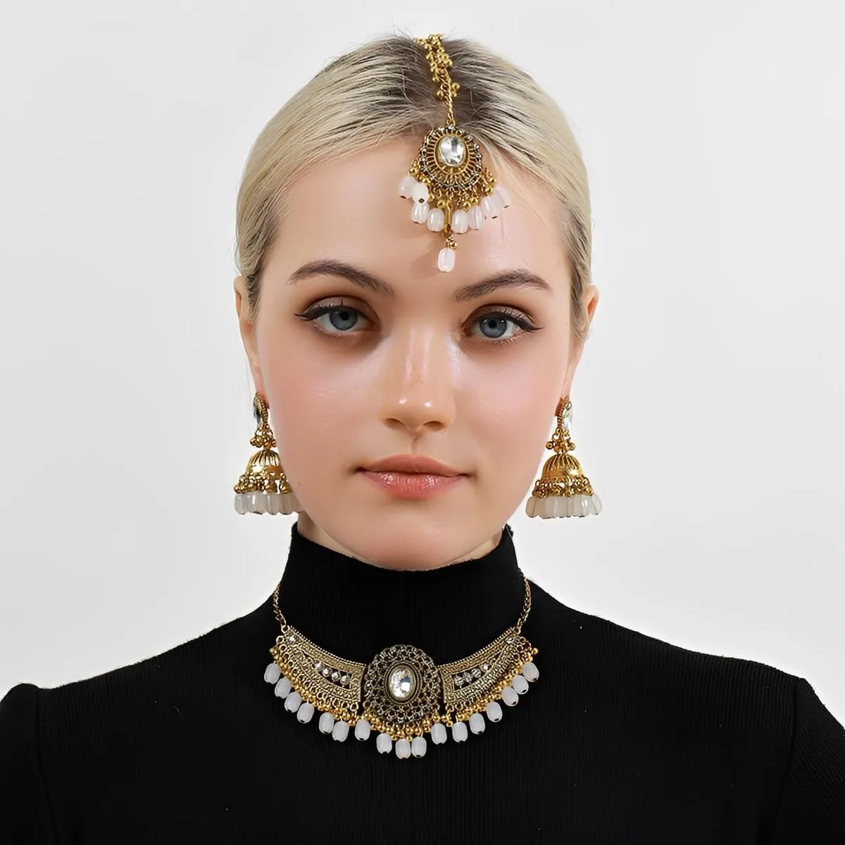 IMINI Set di gioielli tradizionali Kundan, collana, orecchini Jhumka e Maang Tikka – Accessori completi da sposa e matrimonio per donne, feste etniche e festival, Medium, Metallo, Zirconia cubica - immagine 6