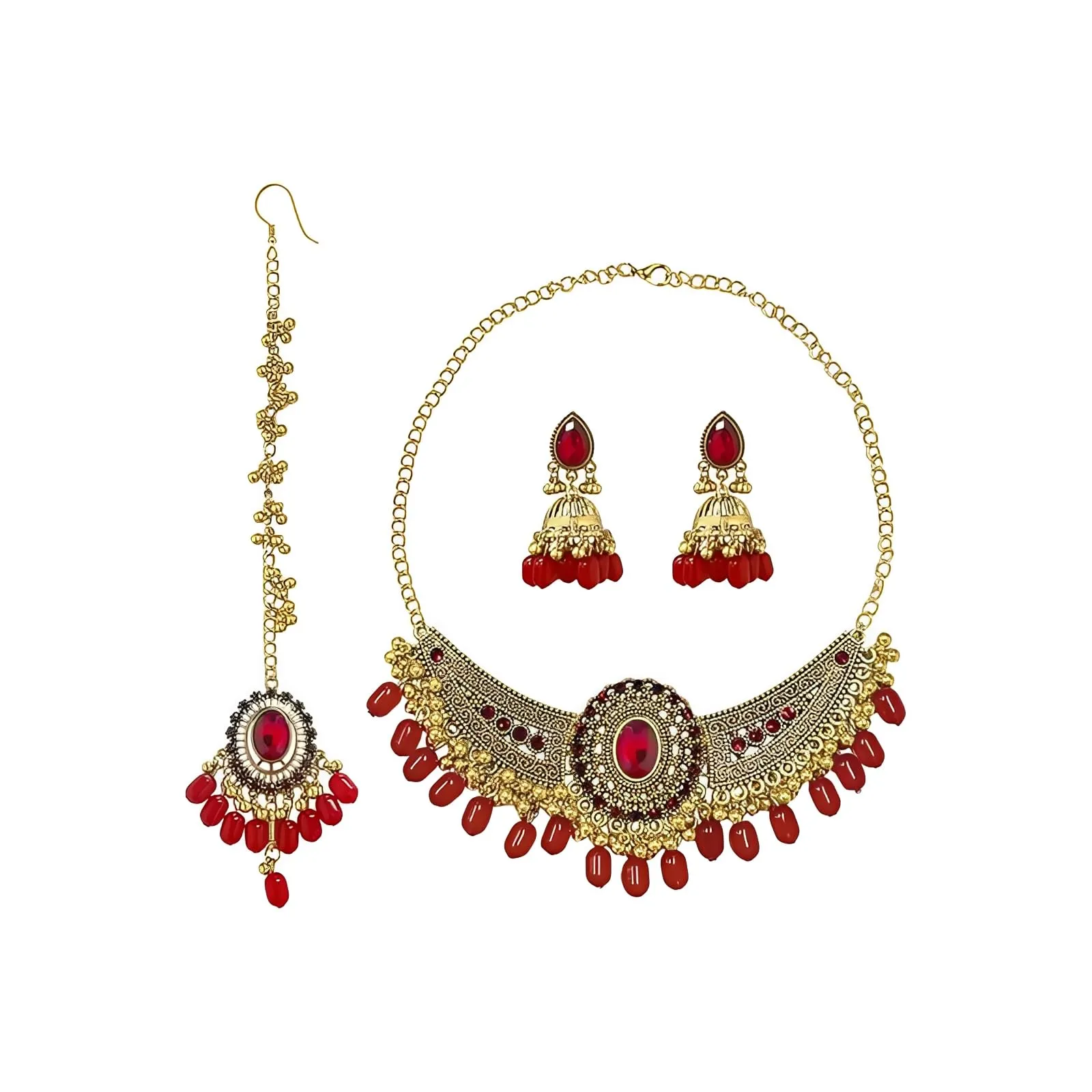 IMINI Set di gioielli Kundan tradizionale, collana, orecchini Jhumka e Maang Tikka – Accessori completi per matrimonio e sposa, festa etnica e festival, Medium, Metallo, Zirconia cubica - immagine 1