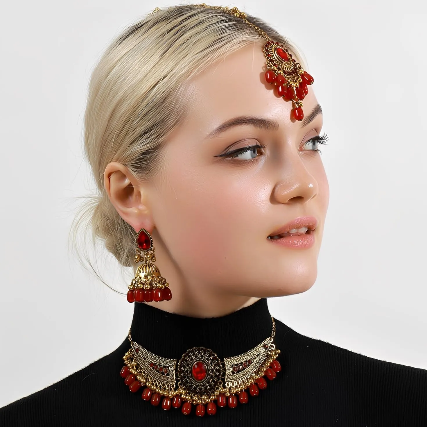 IMINI Set di gioielli Kundan tradizionale, collana, orecchini Jhumka e Maang Tikka – Accessori completi per matrimonio e sposa, festa etnica e festival, Medium, Metallo, Zirconia cubica - immagine 4