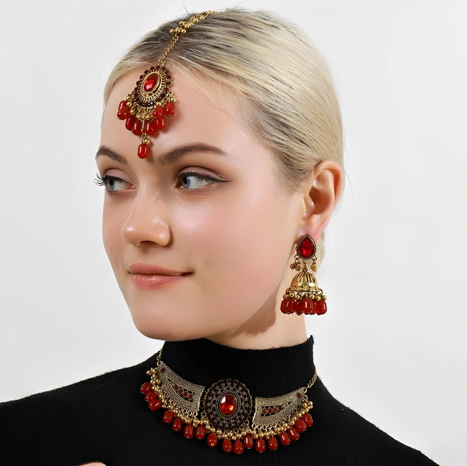 IMINI Set di gioielli Kundan tradizionale, collana, orecchini Jhumka e Maang Tikka – Accessori completi per matrimonio e sposa, festa etnica e festival, Medium, Metallo, Zirconia cubica - immagine 5