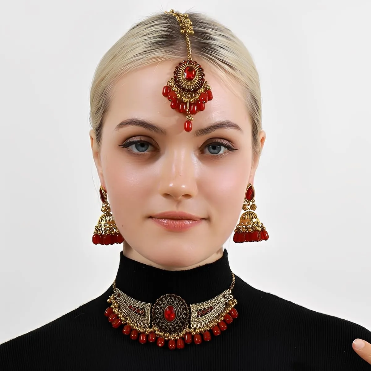 IMINI Set di gioielli Kundan tradizionale, collana, orecchini Jhumka e Maang Tikka – Accessori completi per matrimonio e sposa, festa etnica e festival, Medium, Metallo, Zirconia cubica - immagine 6