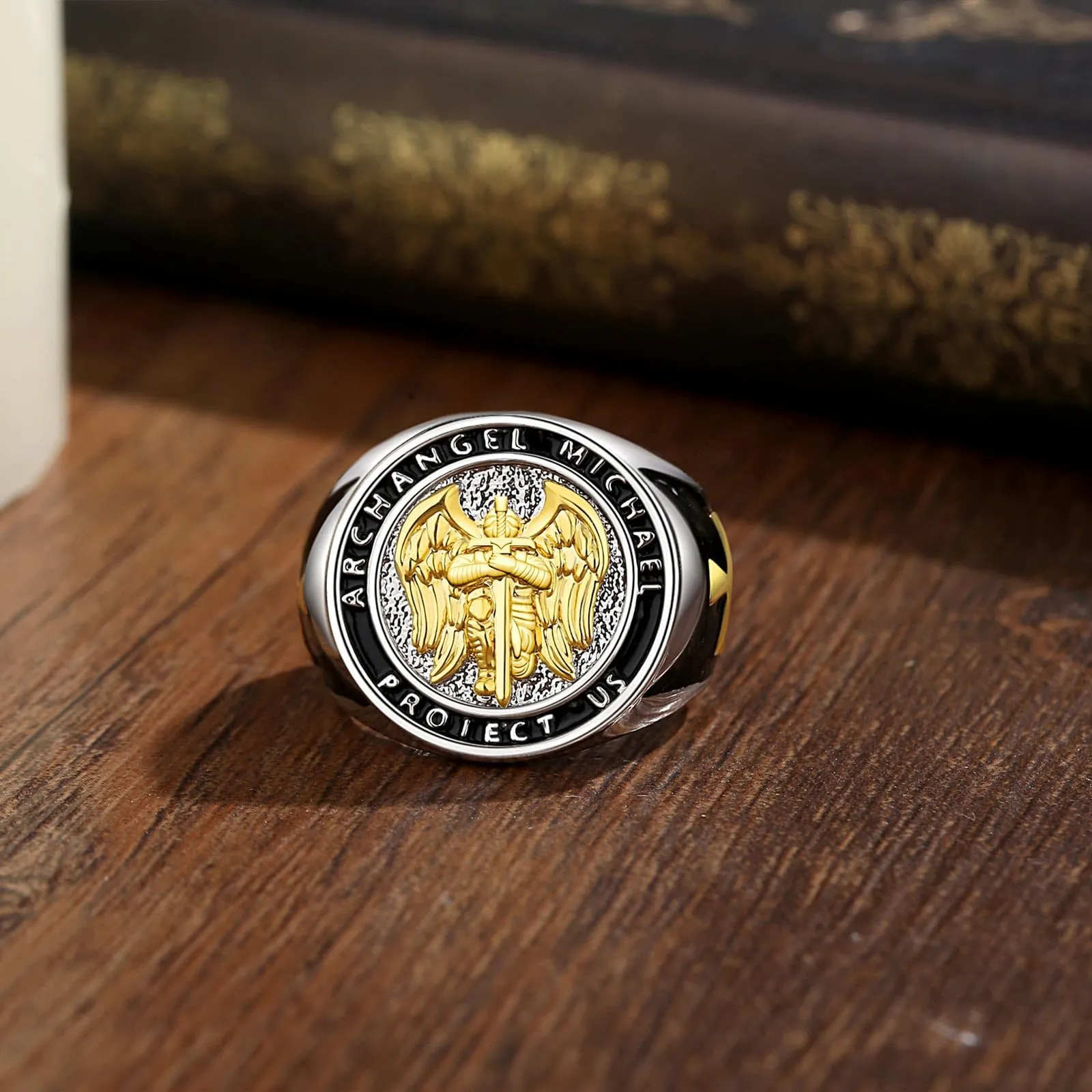 INFUSEU Anello San Michele Arcangelo Uomo Anello Angelo Protettore Croce Cristiana Gioiello Religioso Cattolico Simbolo Protezione Vintage Rame Regalo Fede - immagine 2
