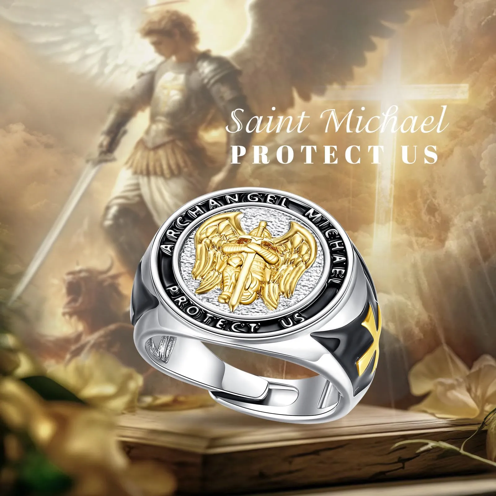 INFUSEU Anello San Michele Arcangelo Uomo Anello Angelo Protettore Croce Cristiana Gioiello Religioso Cattolico Simbolo Protezione Vintage Rame Regalo Fede - immagine 7