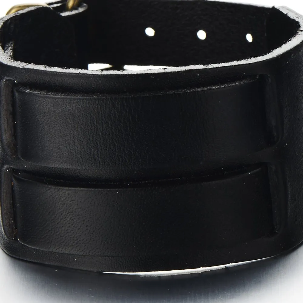 COOLSTEELANDBEYOND Grande, Uomo Braccialetto di Cuoio, Bracciale Vera Pelle Nera, Fascia di Polso, con Fibbia Ardiglione - immagine 2