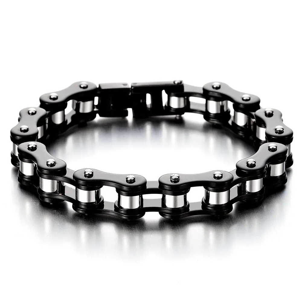 COOLSTEELANDBEYOND Maschile Nero Argento Due Toni Bracciale da Uomo, Catena di Bicicletta Moto, Acciaio Inossidabile, Lucidato a Specchio - immagine 1