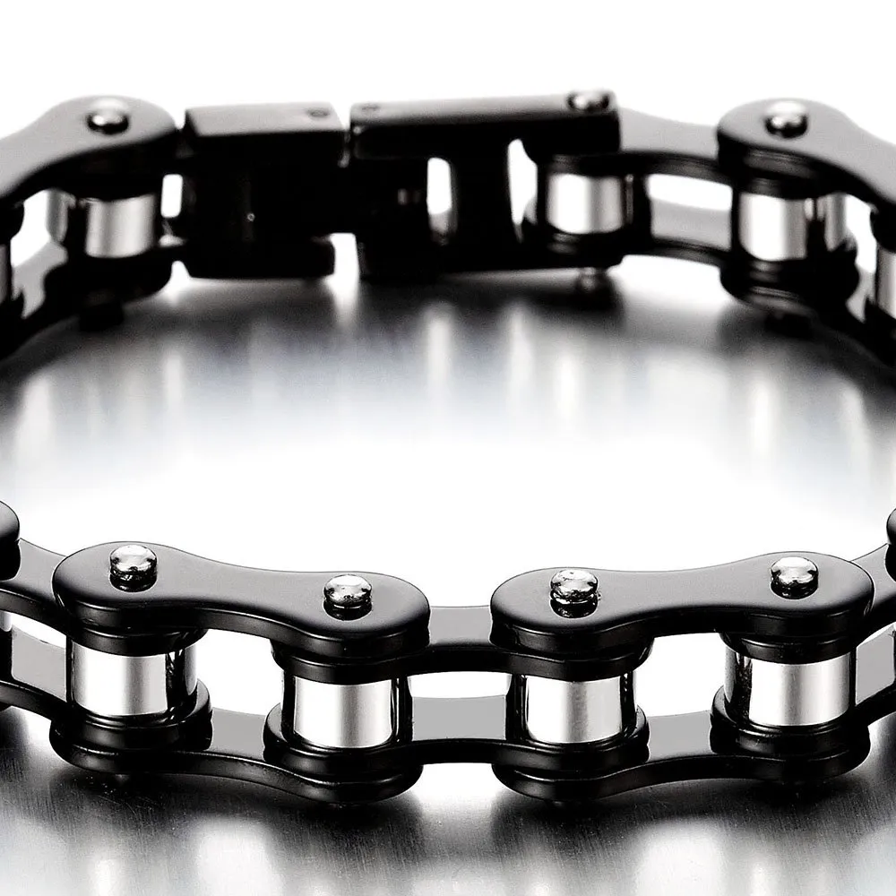 COOLSTEELANDBEYOND Maschile Nero Argento Due Toni Bracciale da Uomo, Catena di Bicicletta Moto, Acciaio Inossidabile, Lucidato a Specchio - immagine 2