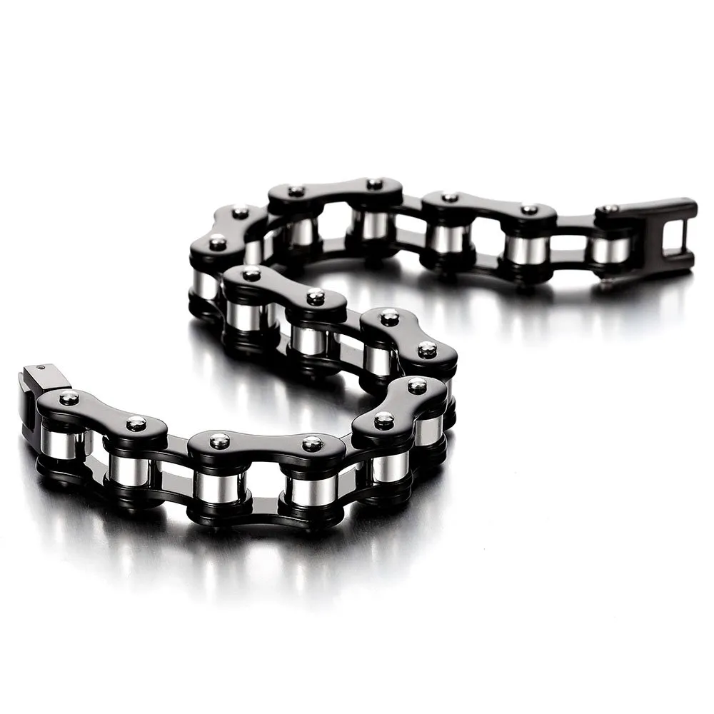 COOLSTEELANDBEYOND Maschile Nero Argento Due Toni Bracciale da Uomo, Catena di Bicicletta Moto, Acciaio Inossidabile, Lucidato a Specchio - immagine 3