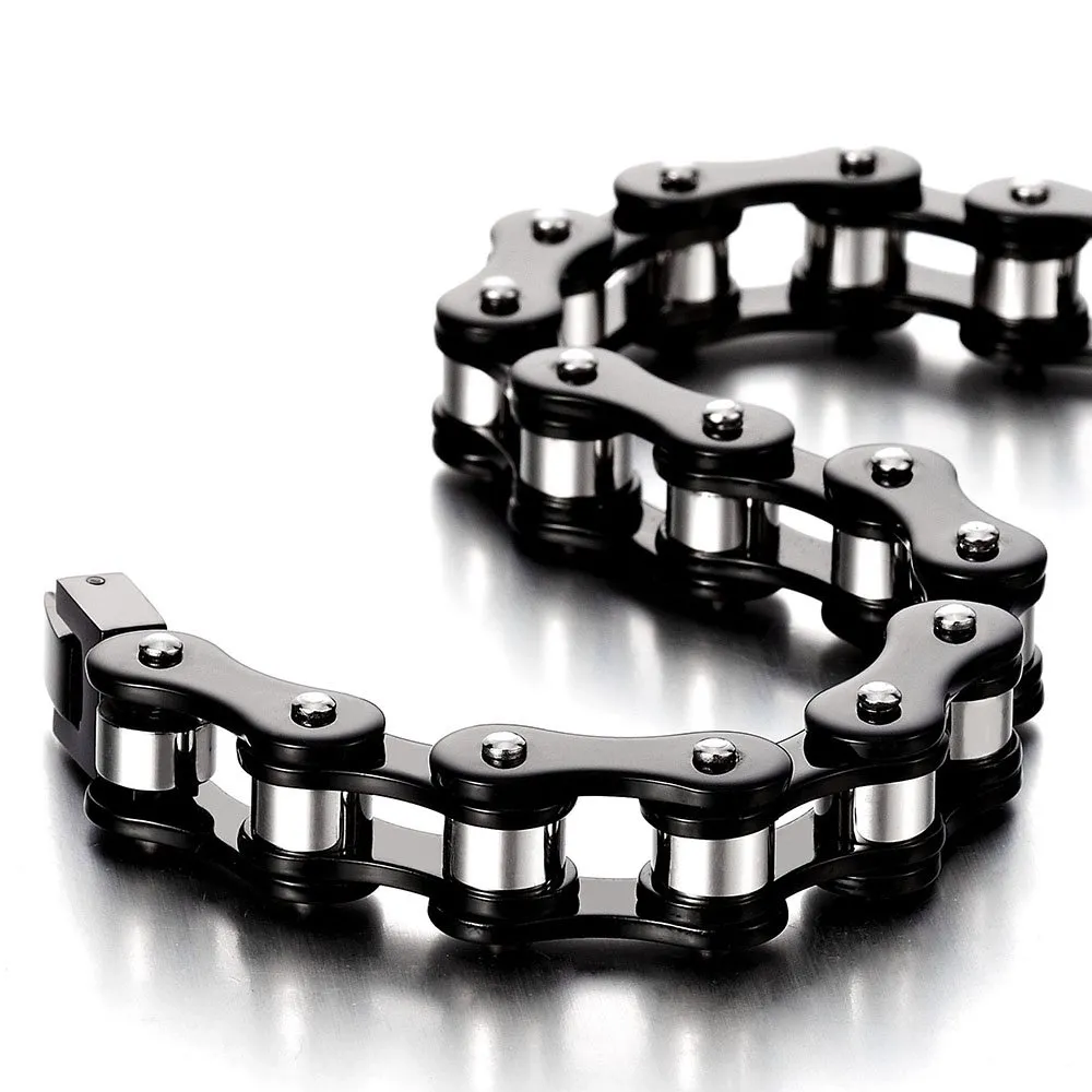 COOLSTEELANDBEYOND Maschile Nero Argento Due Toni Bracciale da Uomo, Catena di Bicicletta Moto, Acciaio Inossidabile, Lucidato a Specchio - immagine 4