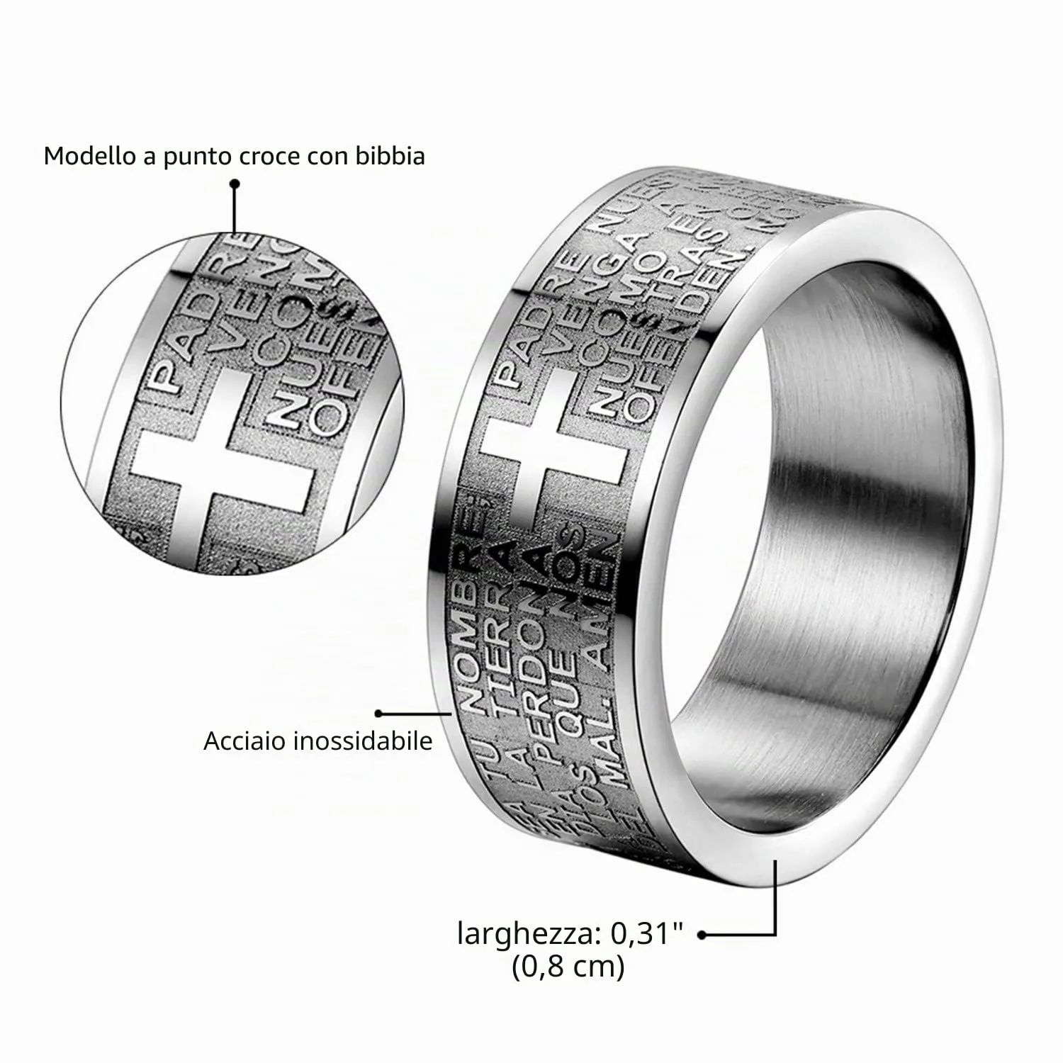 OIDEA Anello Acciaio Inossidabile Uomo Donna Croce Bibbia(Spagnolo) Argento promessa Misura 25 - immagine 3