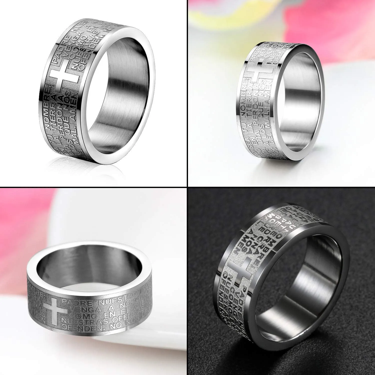 OIDEA Anello Acciaio Inossidabile Uomo Donna Croce Bibbia(Spagnolo) Argento promessa Misura 25 - immagine 6