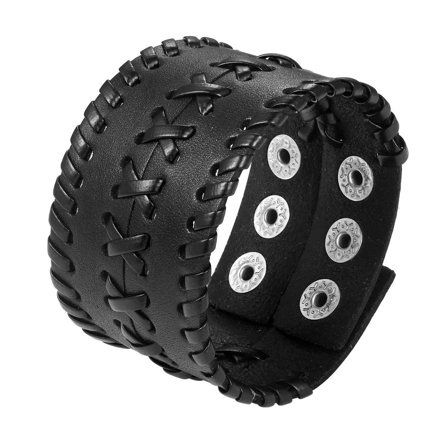 JewelryWe Bracciale Bangles per Uomo Bracciale in Pelle Fibbia in Lega Regolabile Grande Larghezza Nero Marrone - immagine 2