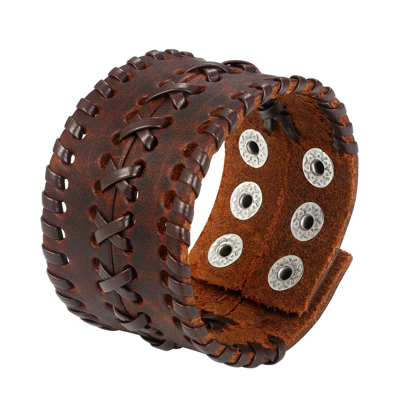 JewelryWe Bracciale Bangles per Uomo Bracciale in Pelle Fibbia in Lega Regolabile Grande Larghezza Nero Marrone - immagine 3