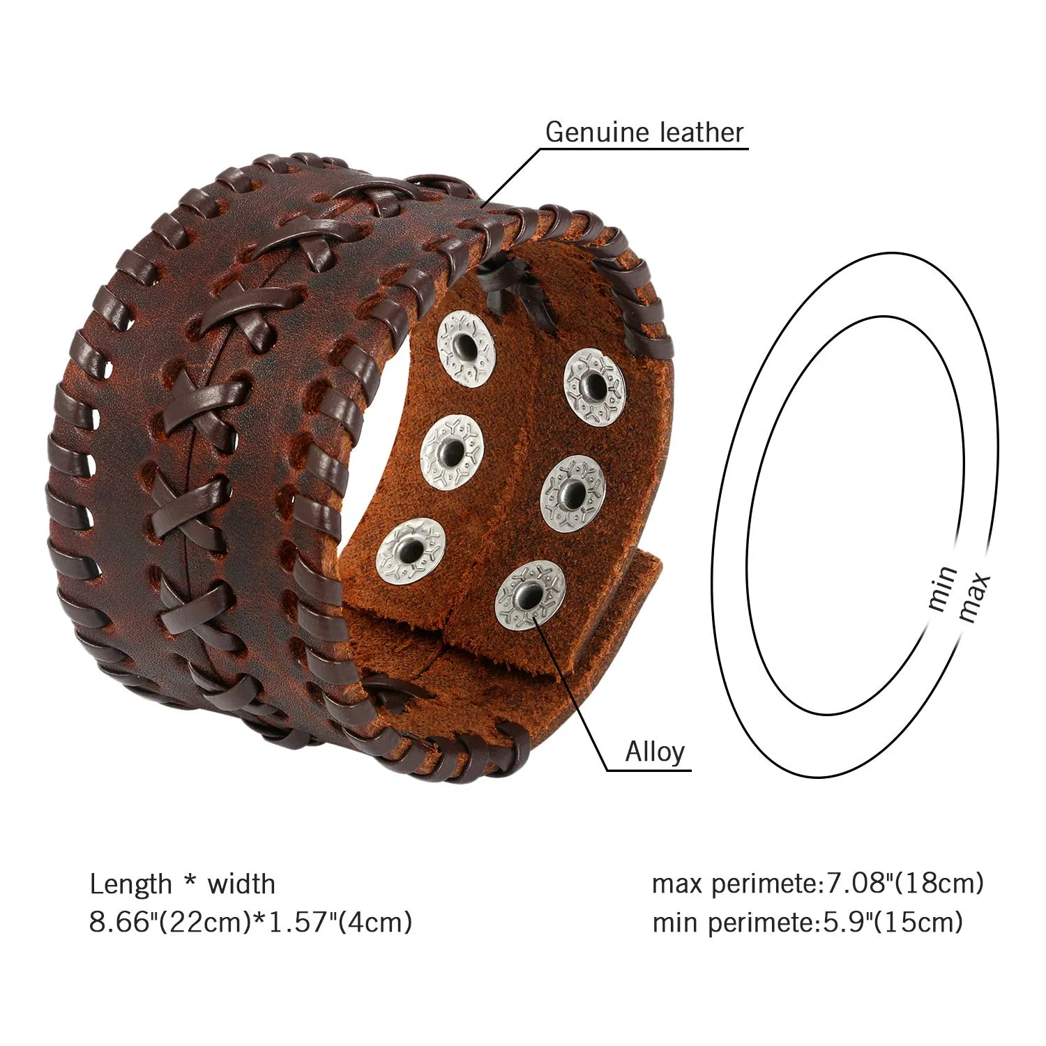 JewelryWe Bracciale Bangles per Uomo Bracciale in Pelle Fibbia in Lega Regolabile Grande Larghezza Nero Marrone - immagine 4