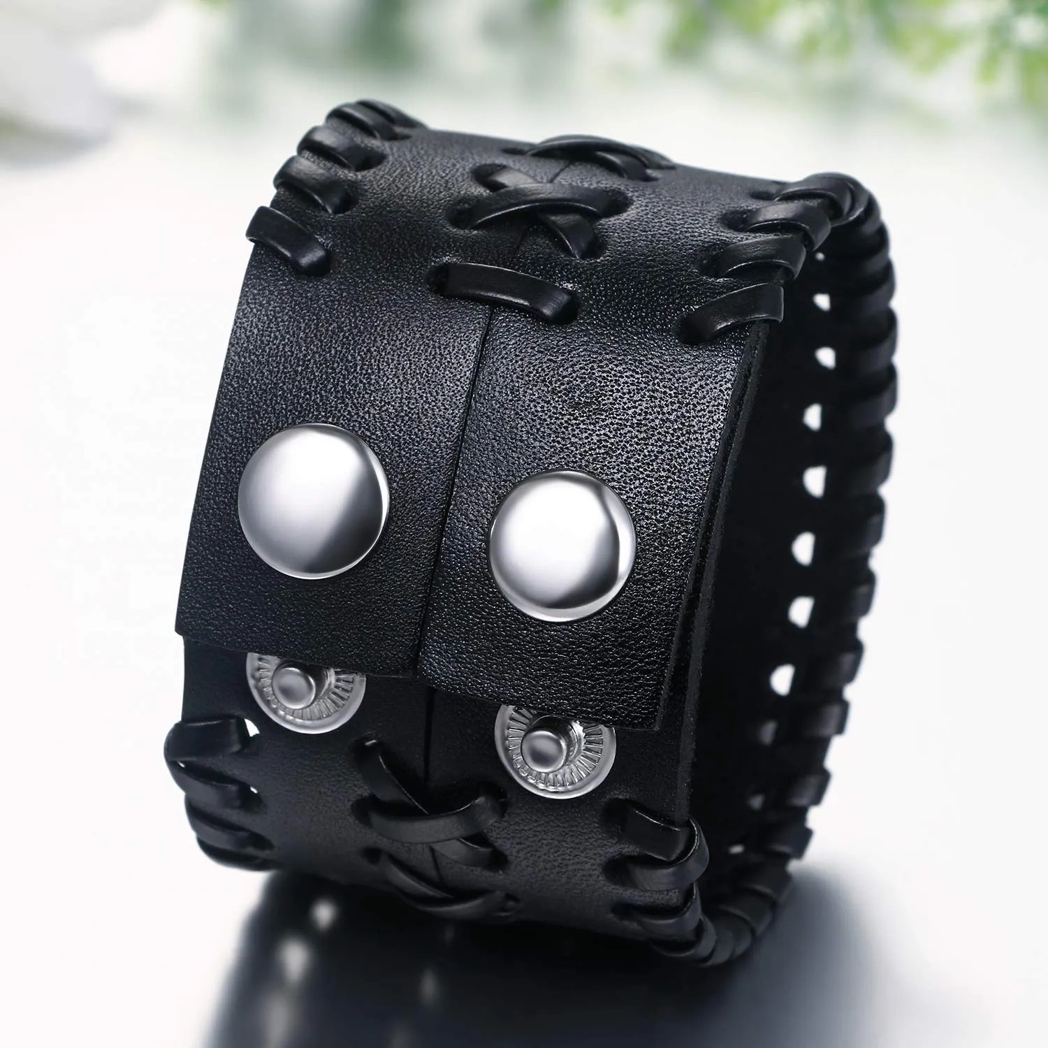 JewelryWe Bracciale Bangles per Uomo Bracciale in Pelle Fibbia in Lega Regolabile Grande Larghezza Nero Marrone - immagine 5