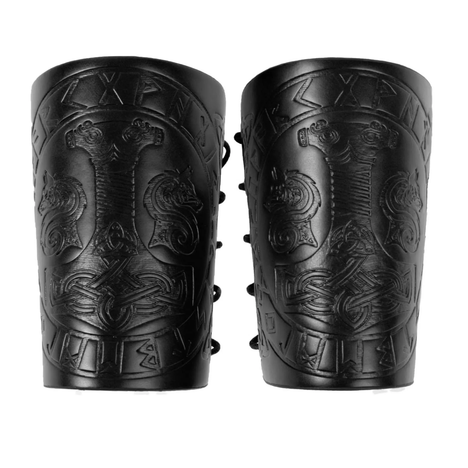 Bracciali vichinghi, Polsini con armatura in pelle Martello di Thor Guanti da braccio norreno goffrati Bracciale da polso medievale LARP Tiro con l'arco Accessori per costumi da vichingo (Nero) - immagine 1